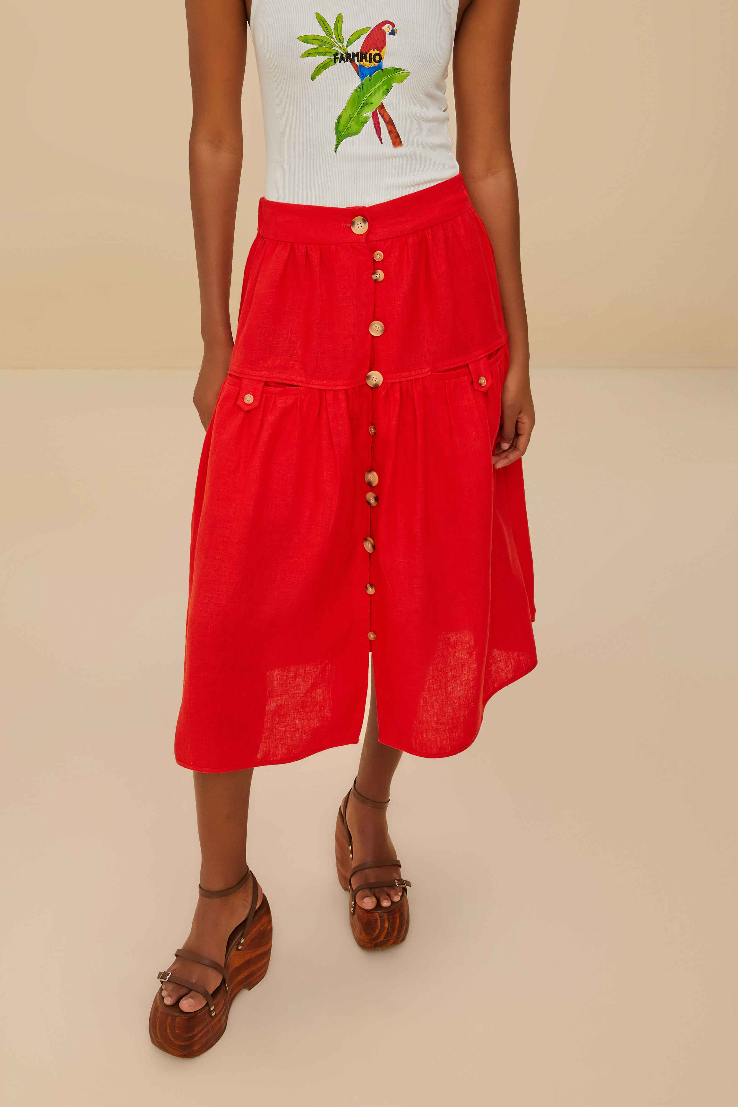 Red Mixed Buttons Euroflax™ Premium Linen Midi Skirt - Image 2