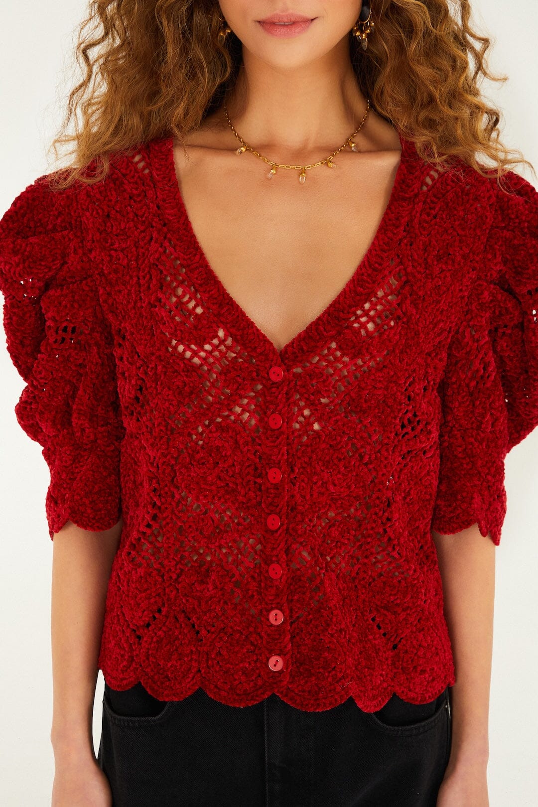 Red Rococo Hearts Puff Sleeve Crochet Cardigan - Image 2