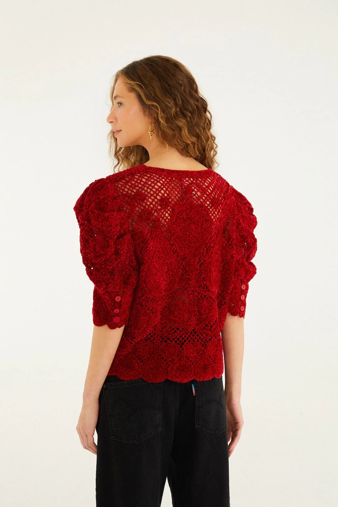 Red Rococo Hearts Puff Sleeve Crochet Cardigan - Image 3