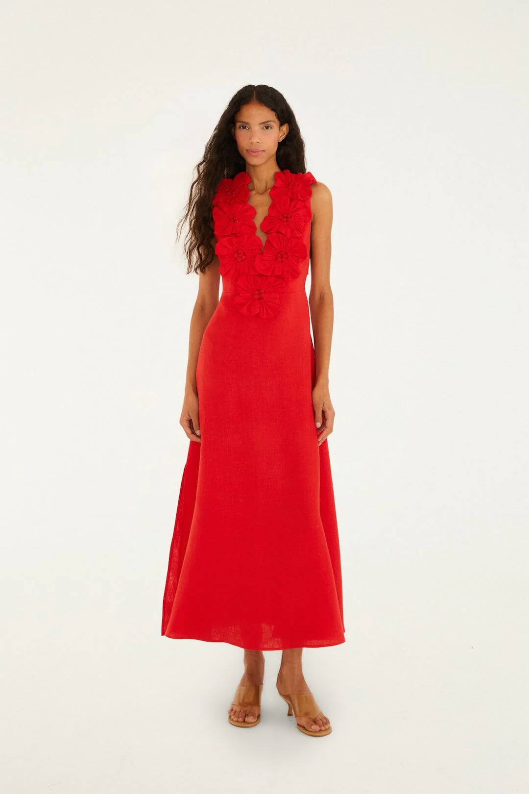 Red 3d Flower Euroflax Premium Linen Maxi Dress - Image 2