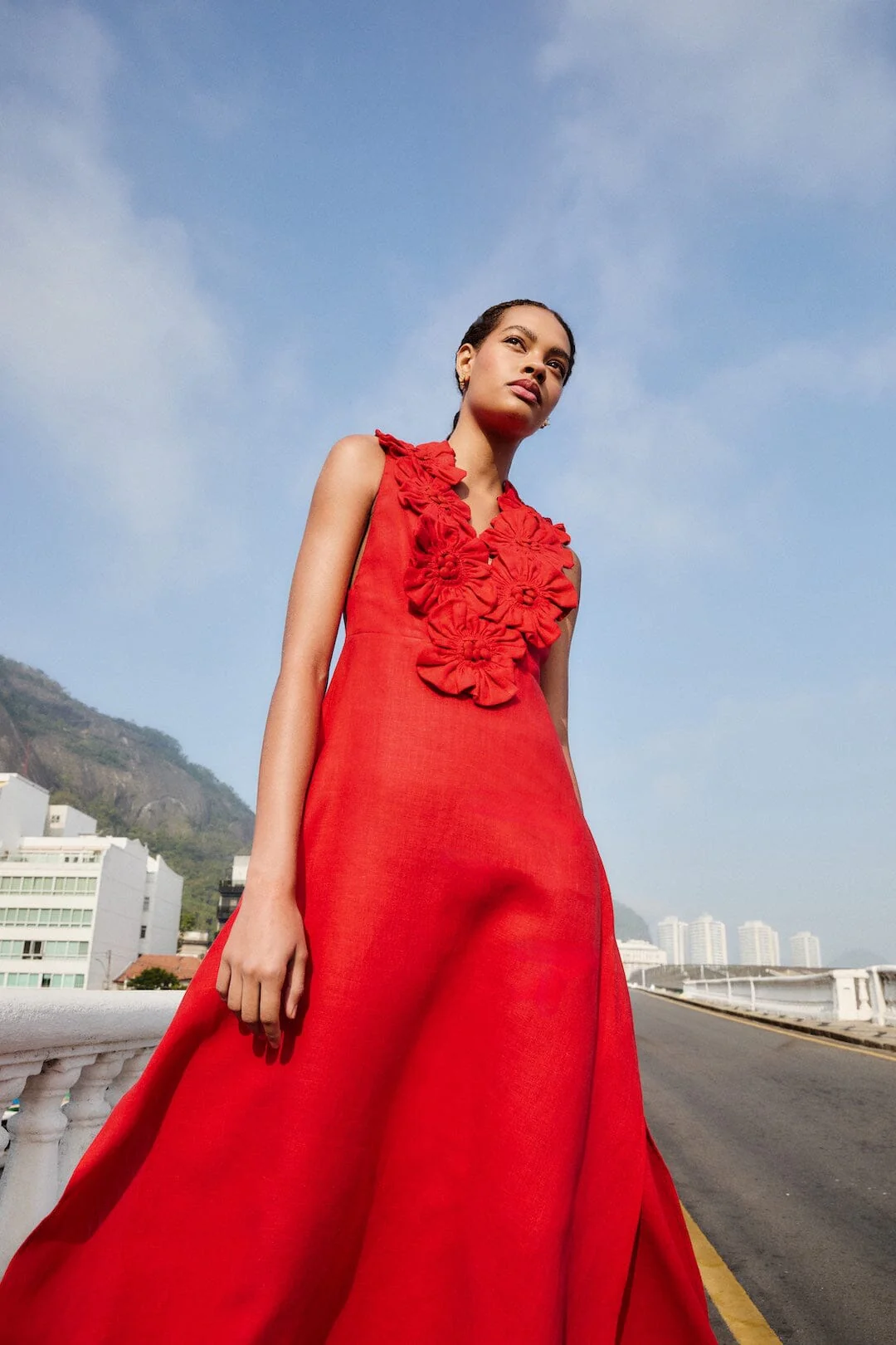 Red 3d Flower Euroflax Premium Linen Maxi Dress - Image 3