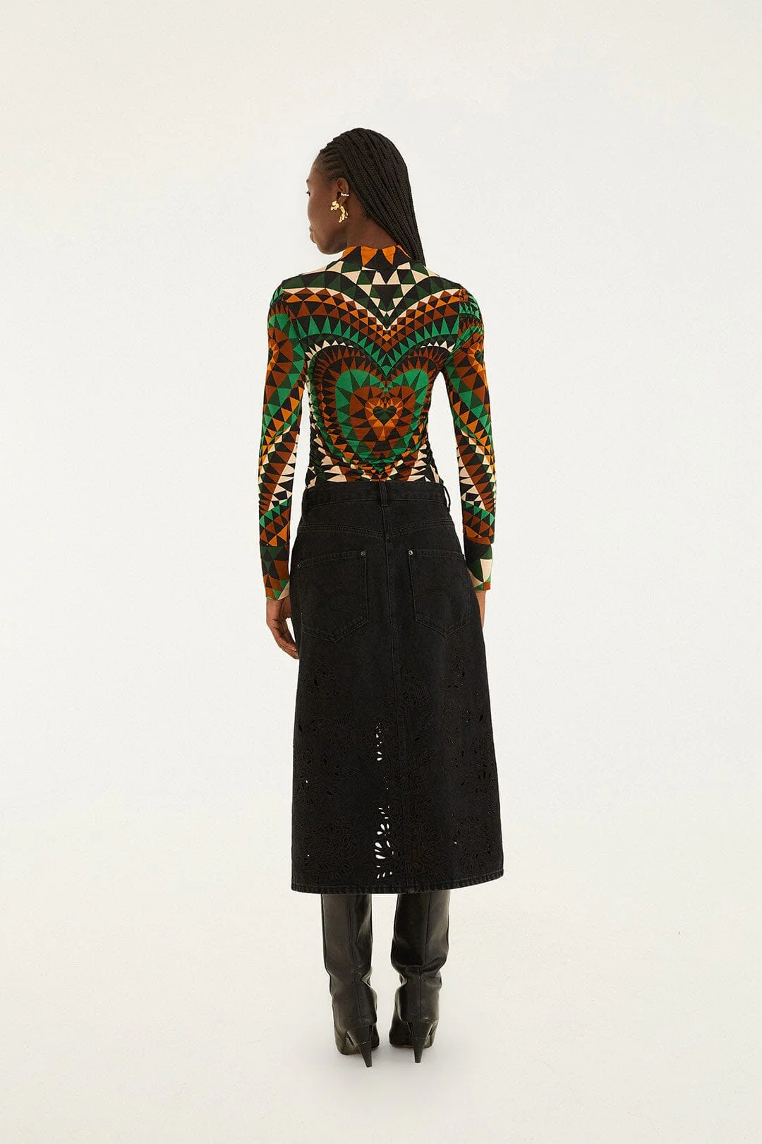 Black Denim Richelieu Front Slit Midi Skirt - Image 3