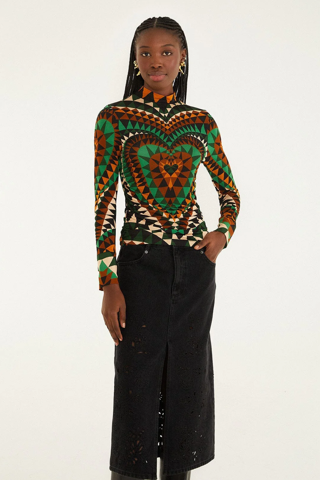 Black Denim Richelieu Front Slit Midi Skirt - Image 4