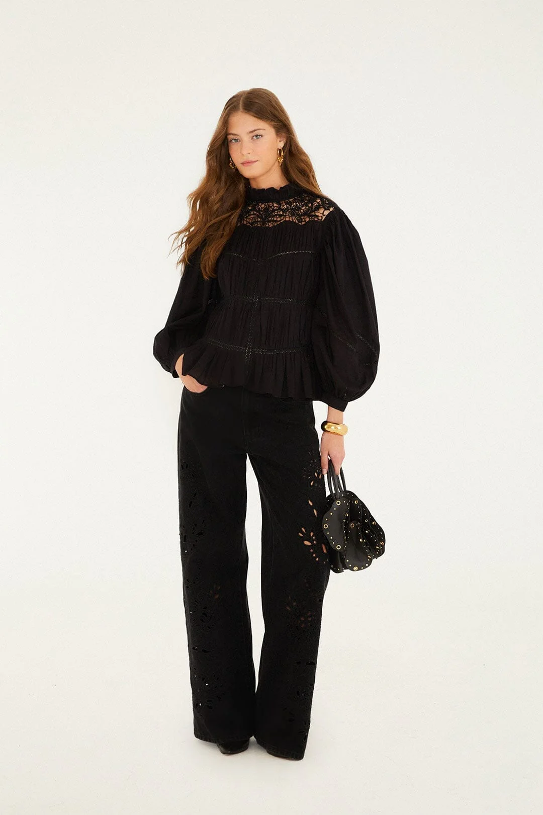 Black Cut-Out Richelieu Denim Pants