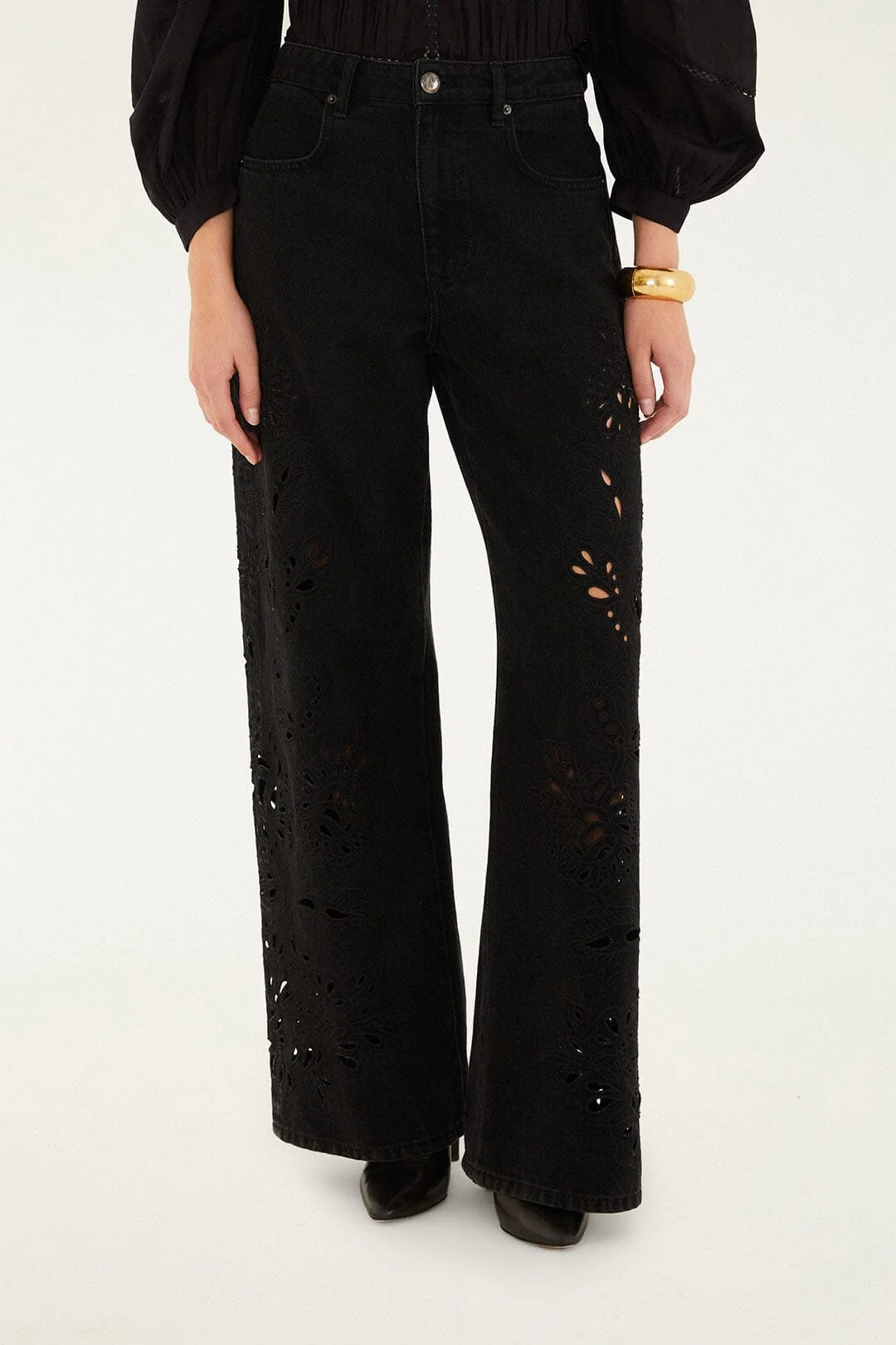 Black Cut-Out Richelieu Denim Pants - Image 2