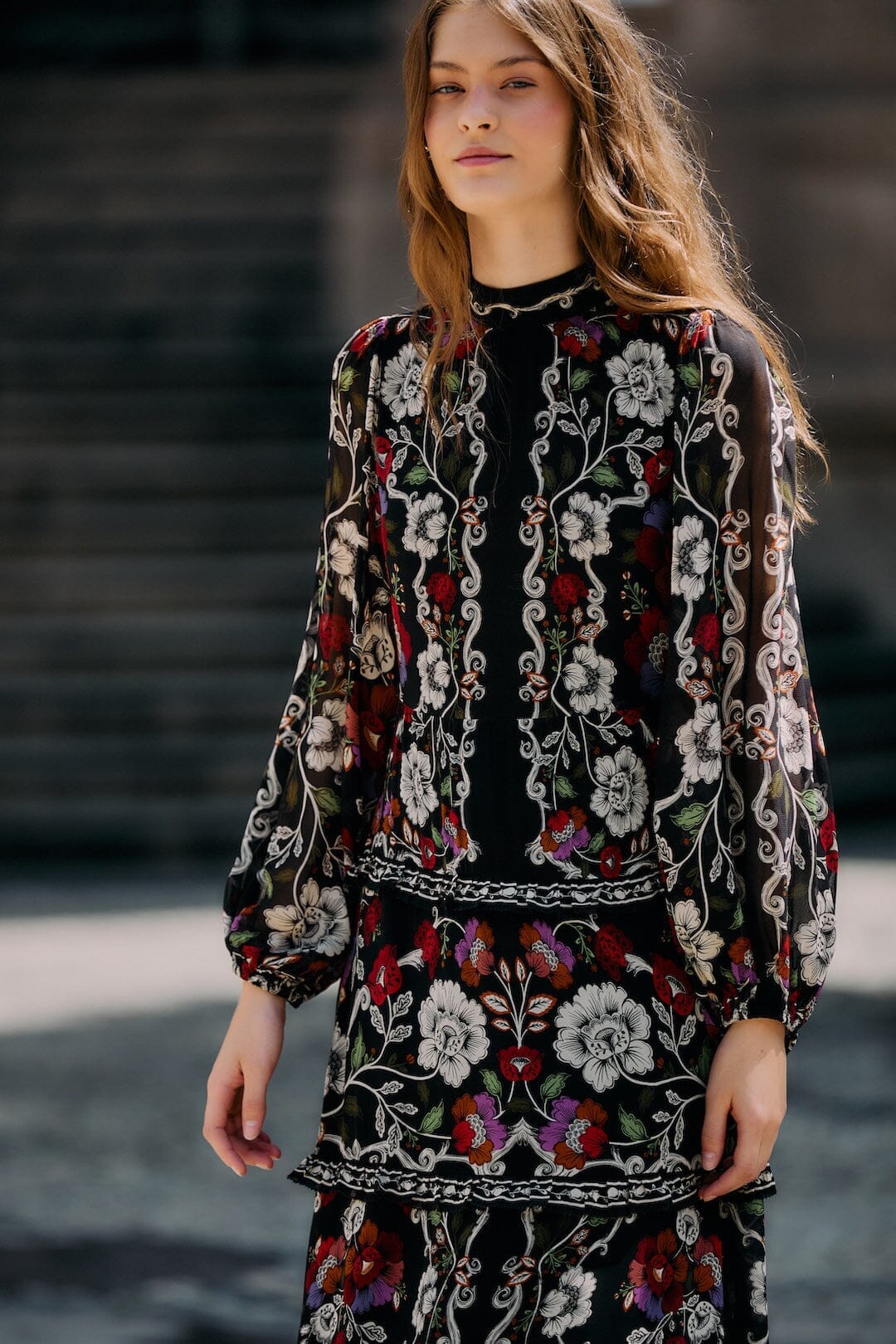Black Rococo Flowers Ruffled Maxi Dress - Image 2