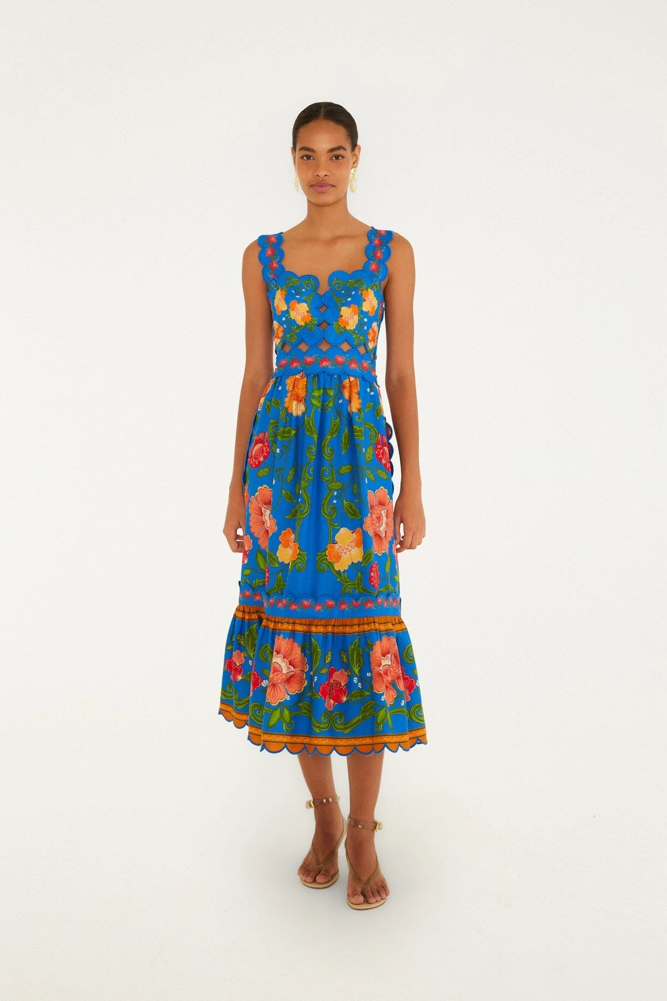 Bright Blue Rococo Flowers Lenzing Ecovero Euroflax Midi Dress