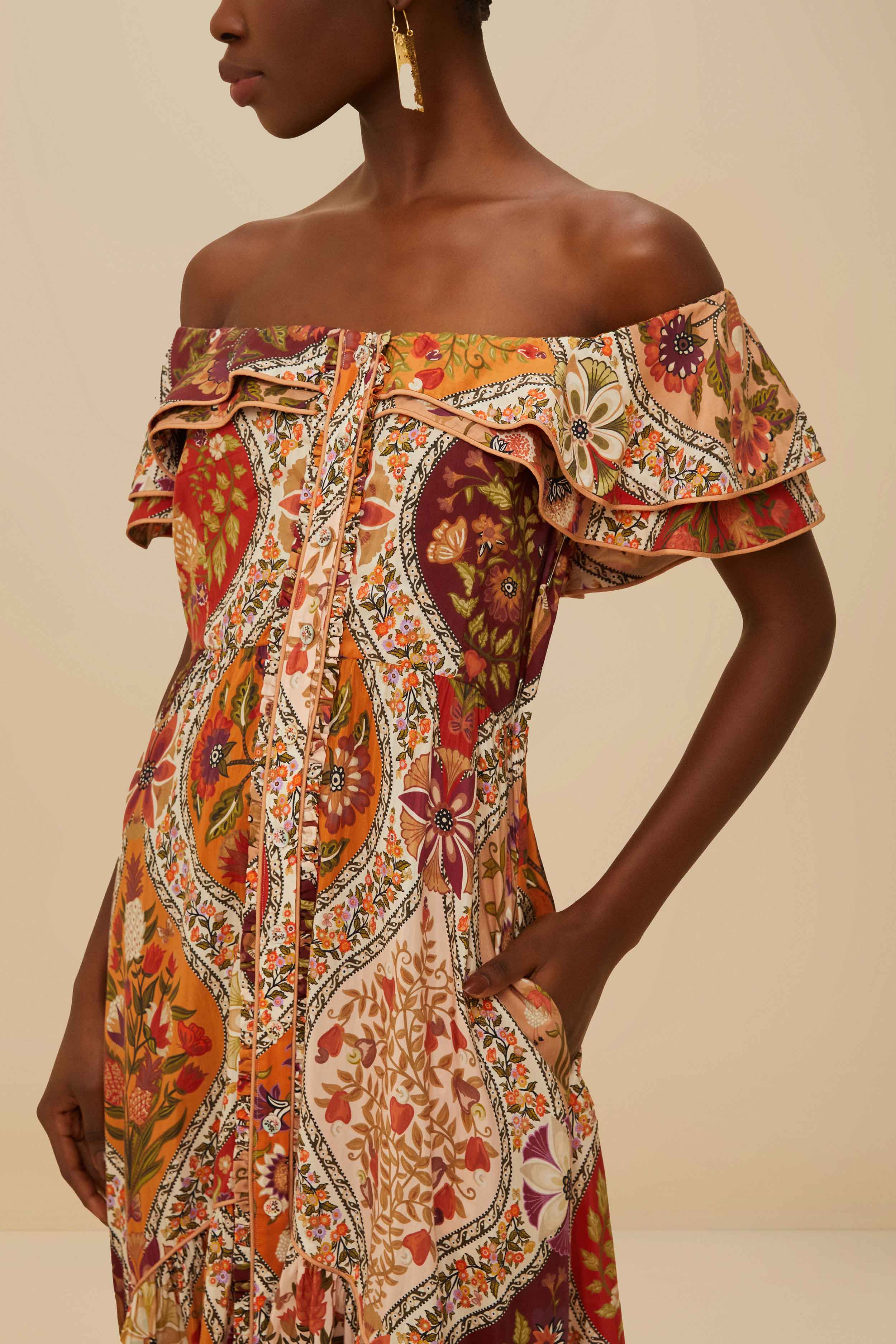 Multicolor Romantic Nature Off-Shoulder Maxi Dress - Image 3