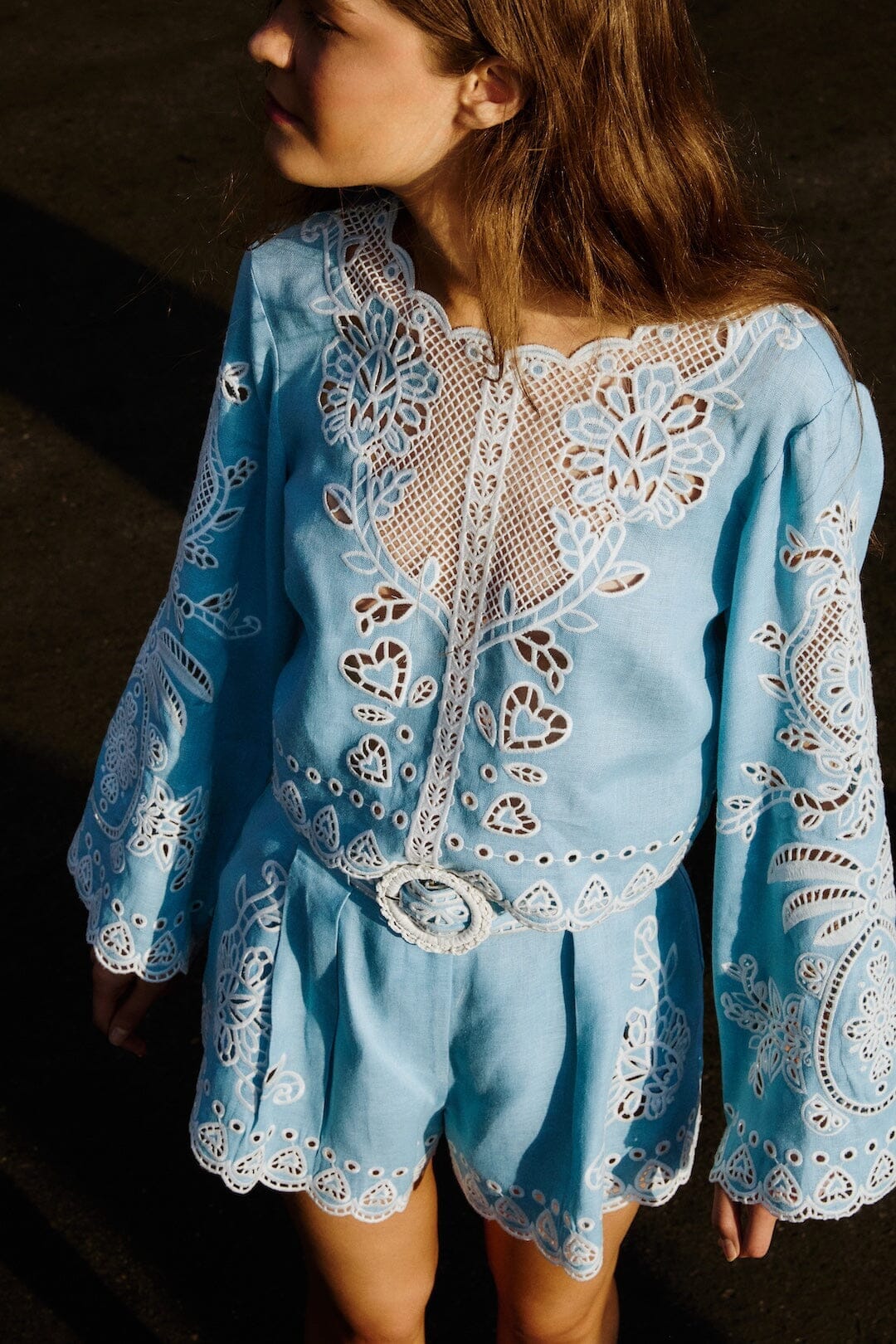 Light Blue Romantic Richelieu Euroflax Premium Linen Blouse - Image 2