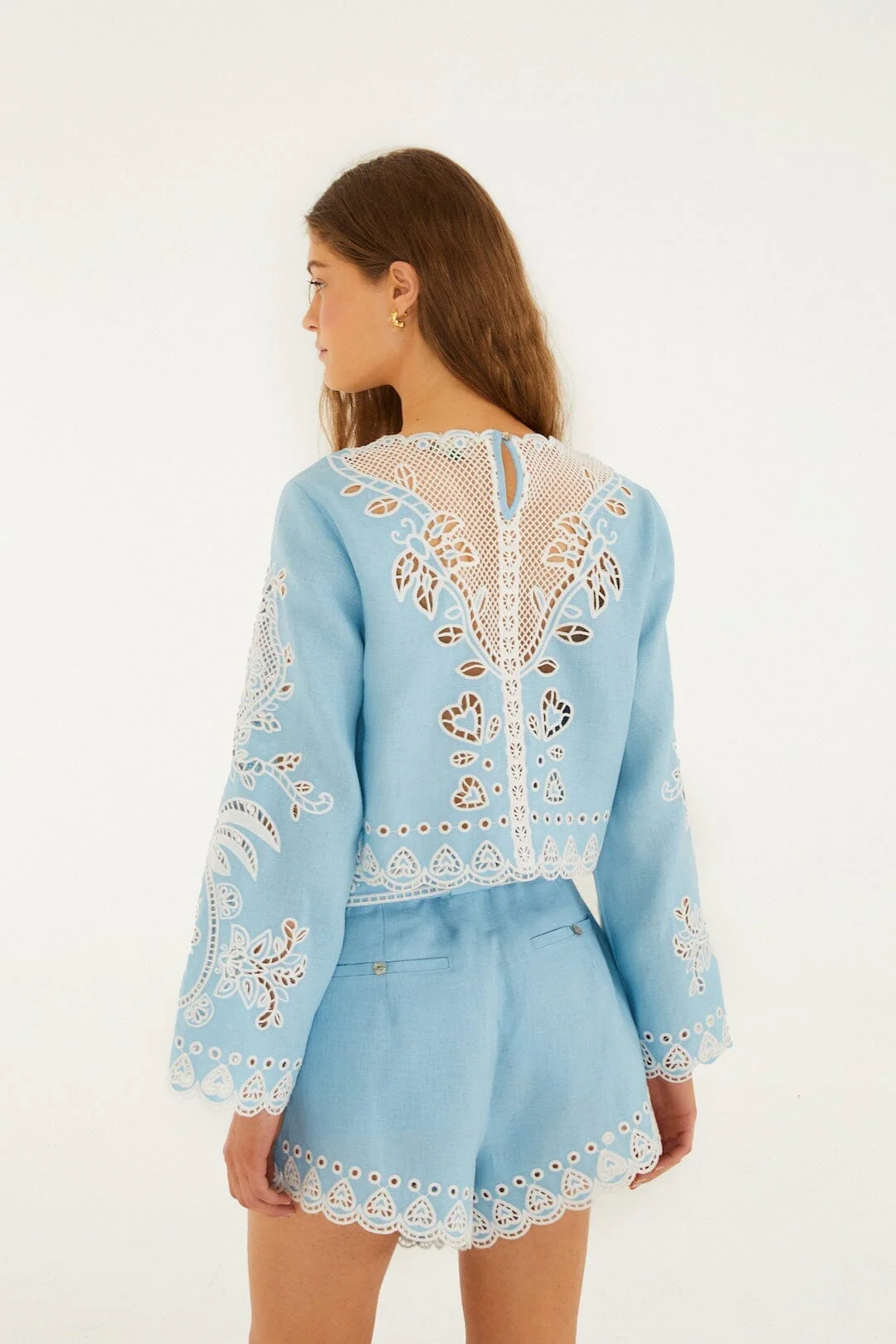 Light Blue Romantic Richelieu Euroflax Premium Linen Blouse - Image 3