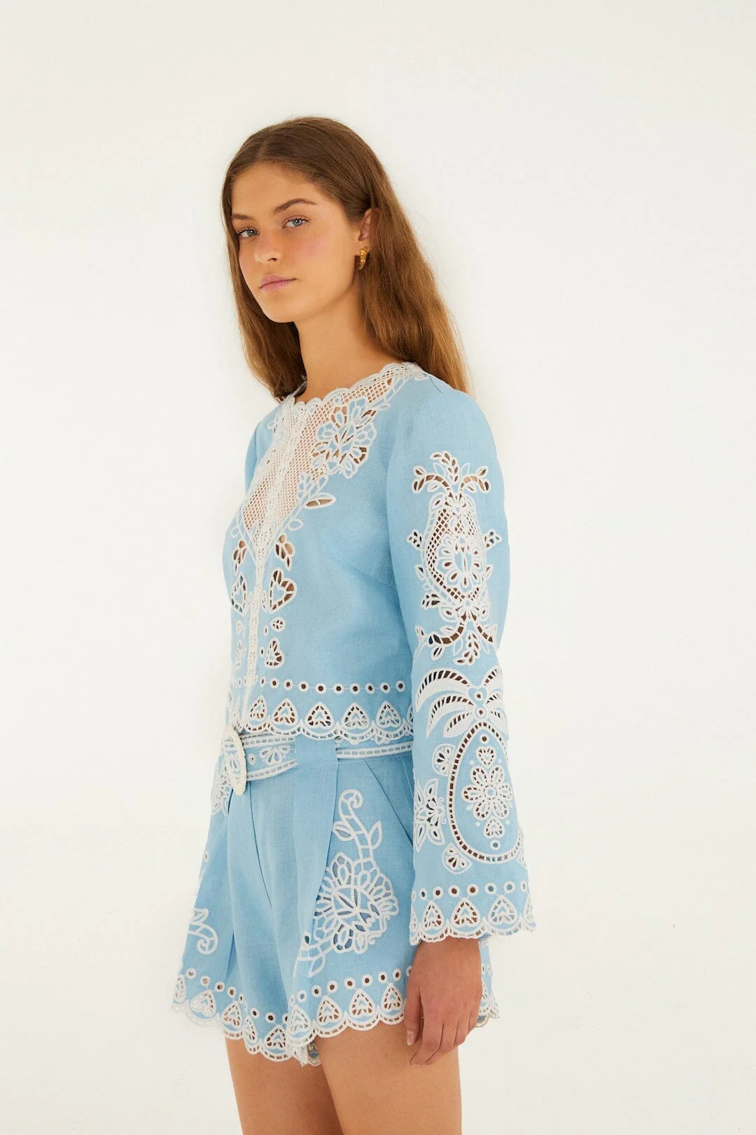 Light Blue Romantic Richelieu Euroflax Premium Linen Blouse - Image 4