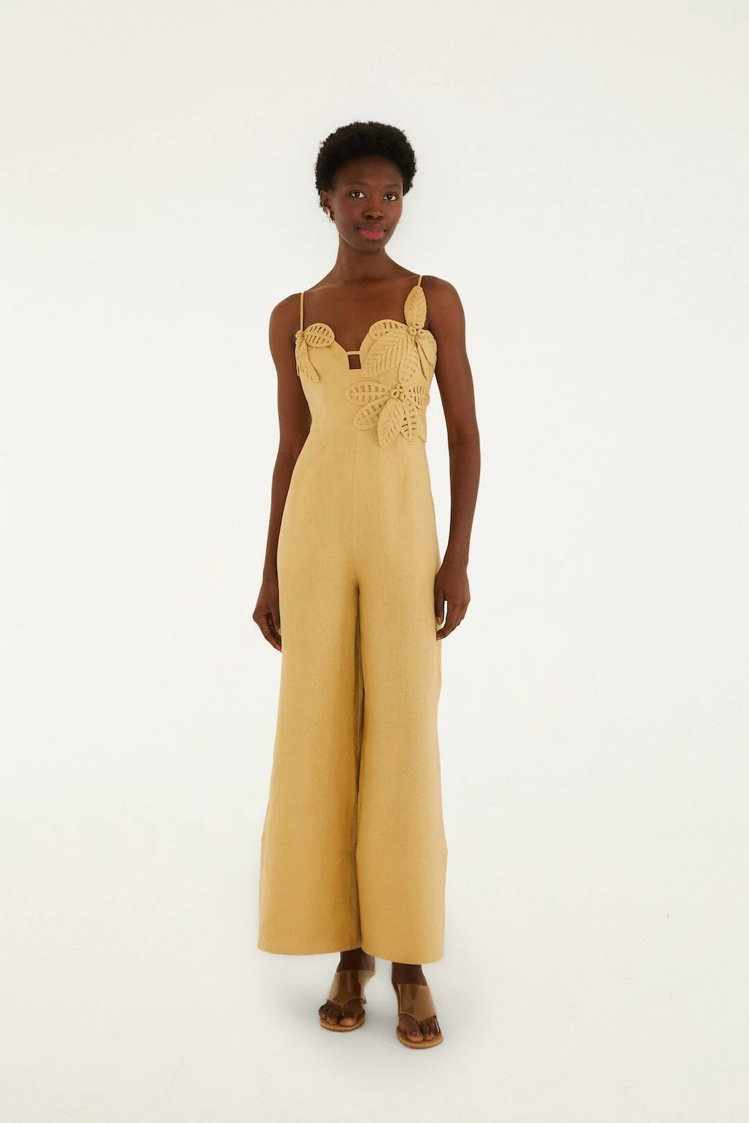Sand 3d Flowers Euroflax Premium Linen Jumpsuit