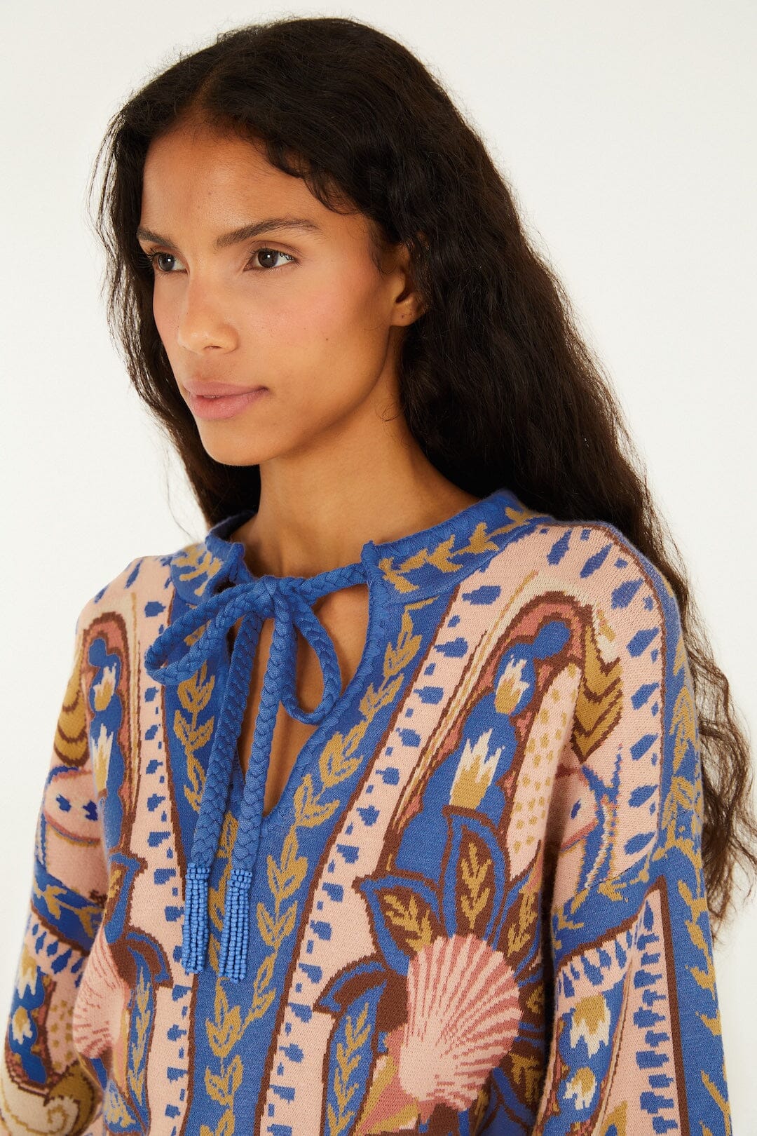 Blue Sea Garden Scarf Tassels Knit Mini Dress - Image 2
