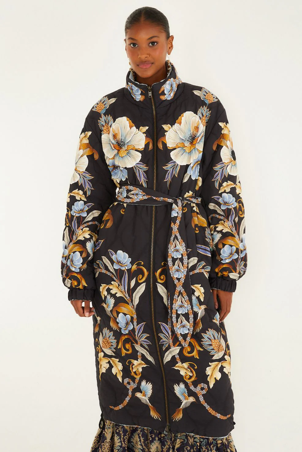 Black Flowerful Snake Garden Reversible Maxi Puffer Jacket - Image 3