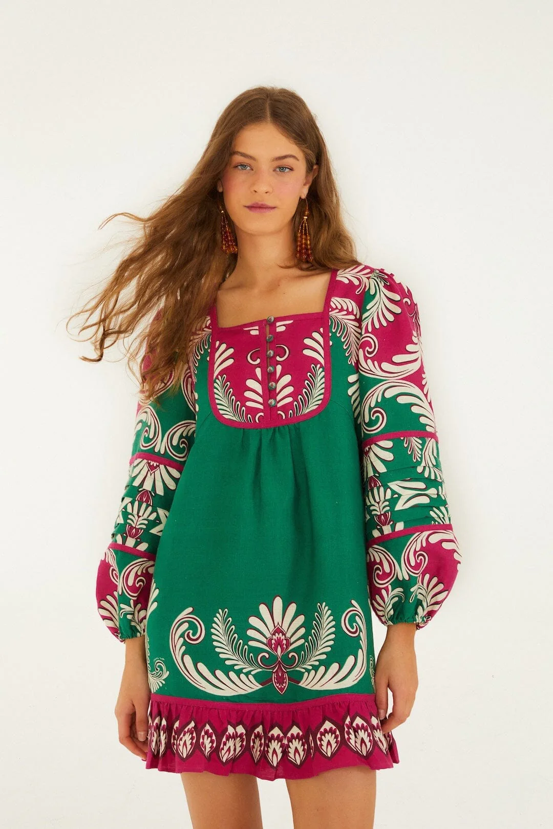 Multicolor Spring Arabesc Long Sleeve Euroflax Premium Linen Mini Dress