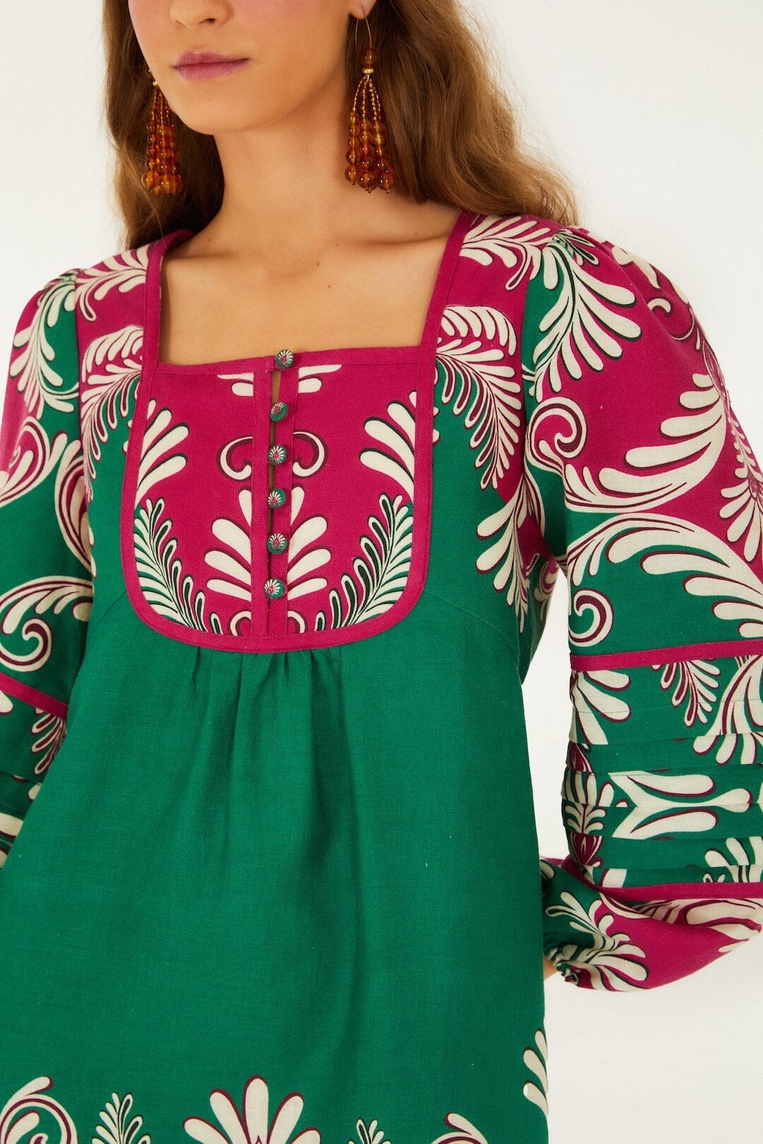 Multicolor Spring Arabesc Long Sleeve Euroflax Premium Linen Mini Dress - Image 2
