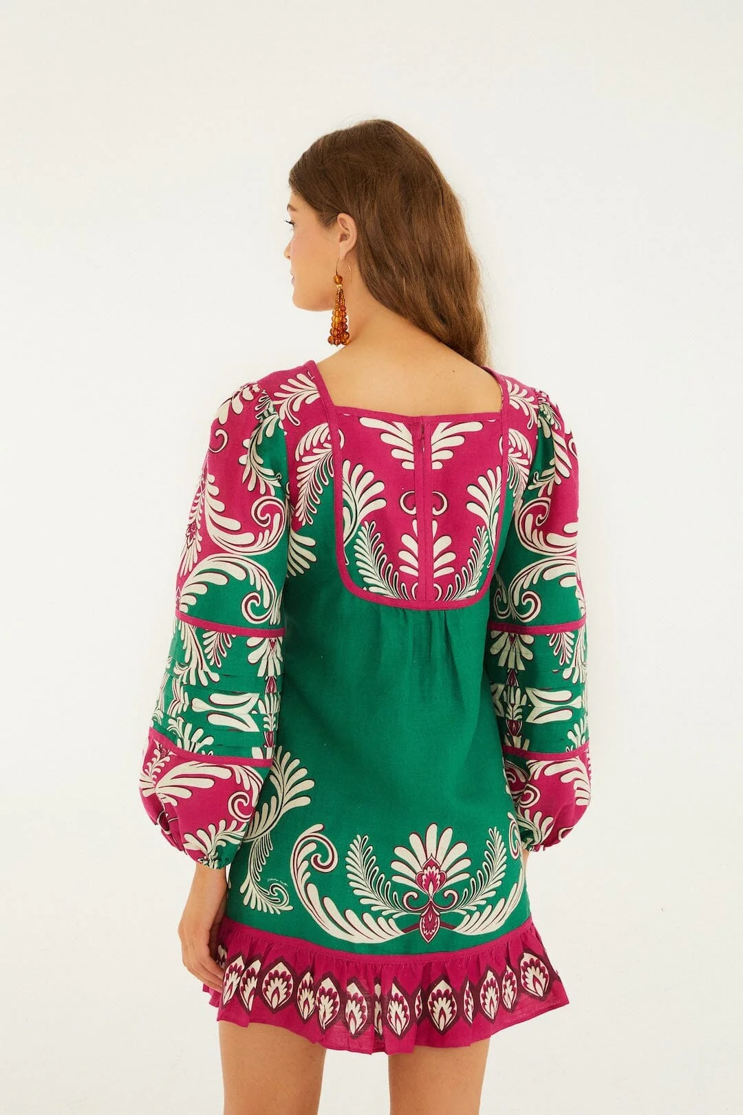 Multicolor Spring Arabesc Long Sleeve Euroflax Premium Linen Mini Dress - Image 3