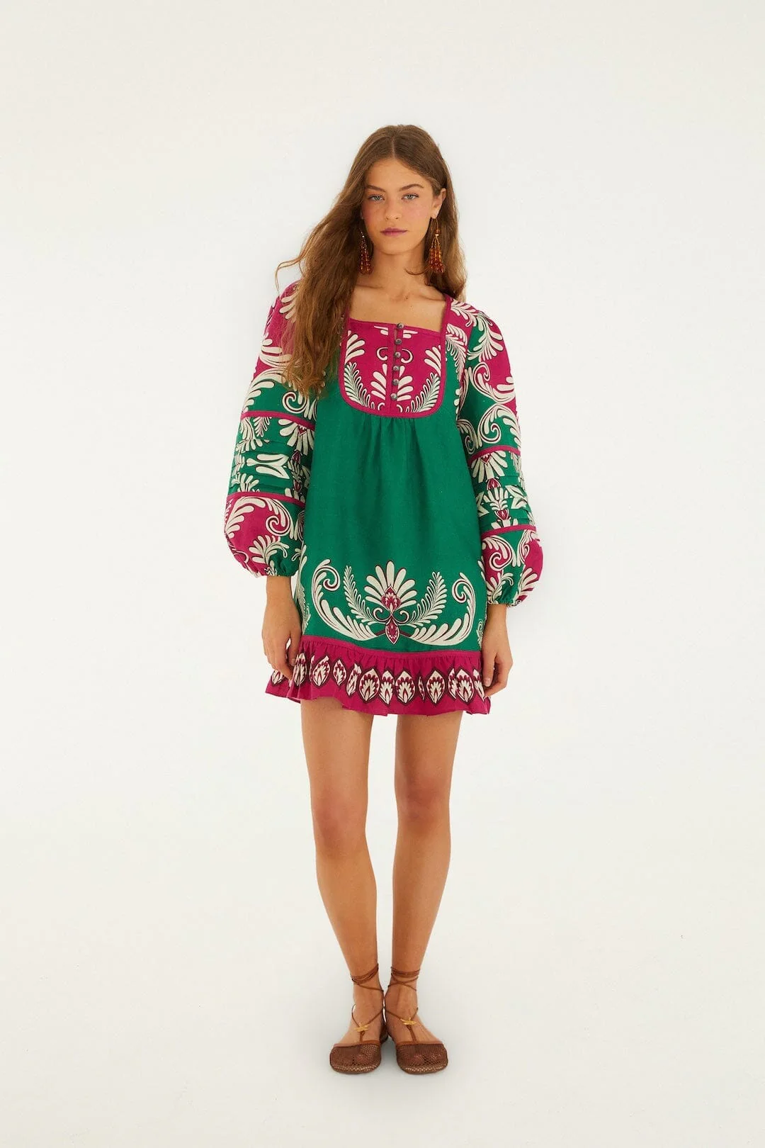 Multicolor Spring Arabesc Long Sleeve Euroflax Premium Linen Mini Dress - Image 4