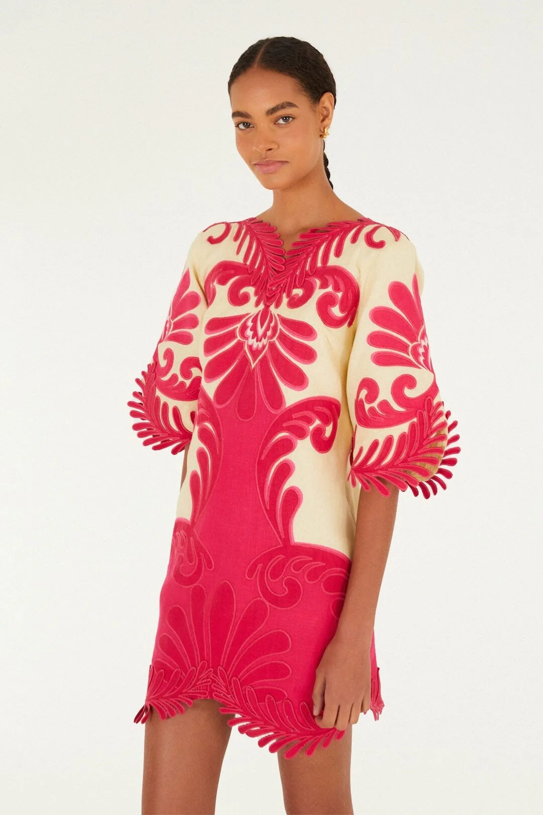 Pink Spring Arabesc Embroidered Euroflax Premium Linen Mini Dress