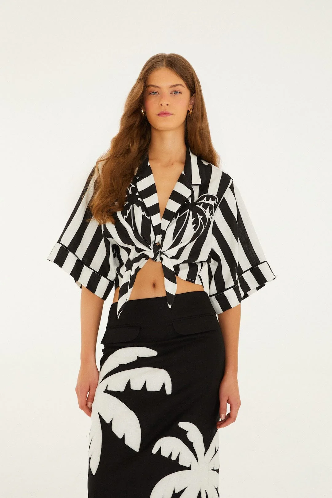 Black Spring Stripes Euroflax Premium Linen Short Sleeve Crop Top