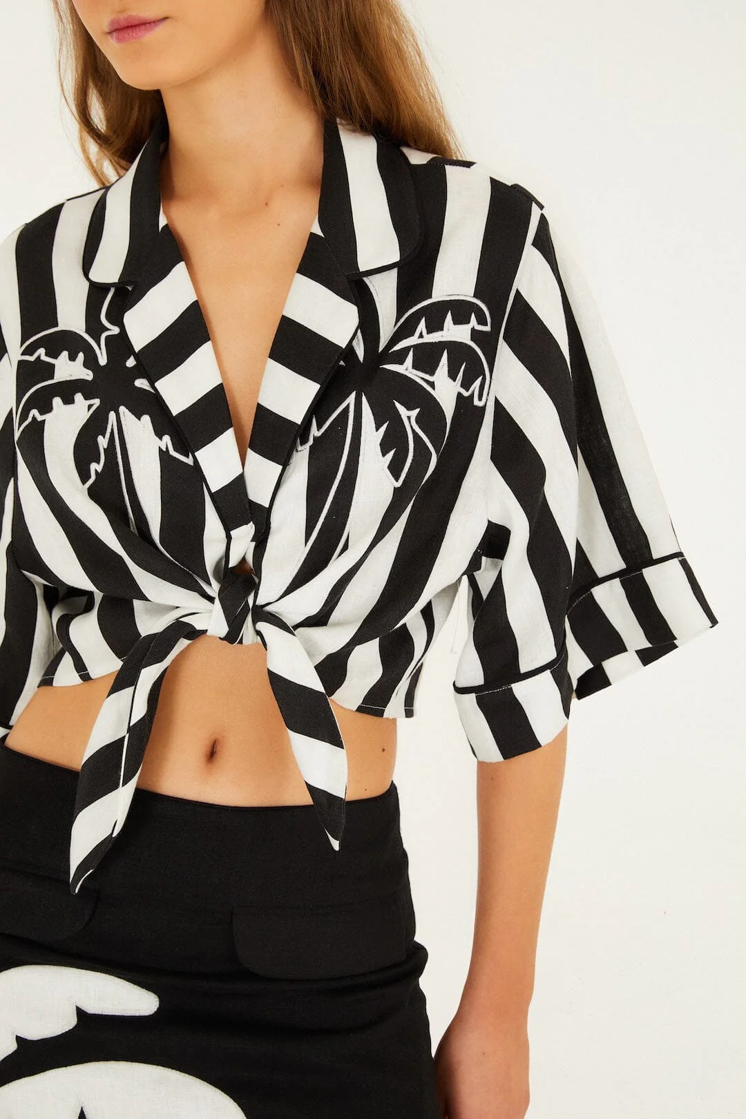 Black Spring Stripes Euroflax Premium Linen Short Sleeve Crop Top - Image 2
