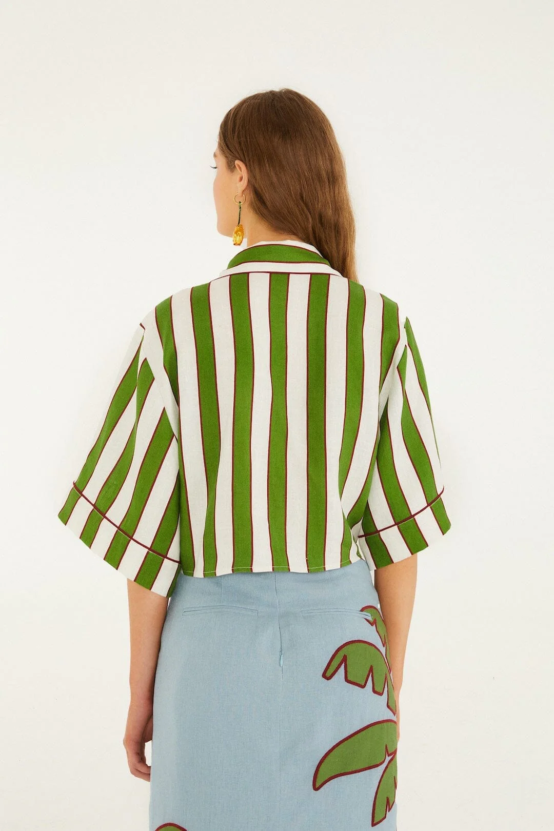 Green Spring Stripes Embroidered Euroflax Premium Linen Crop Top - Image 3