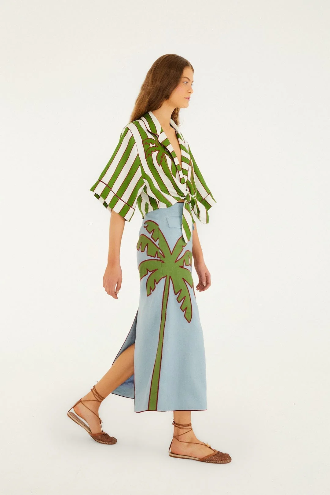 Green Spring Stripes Embroidered Euroflax Premium Linen Crop Top - Image 4