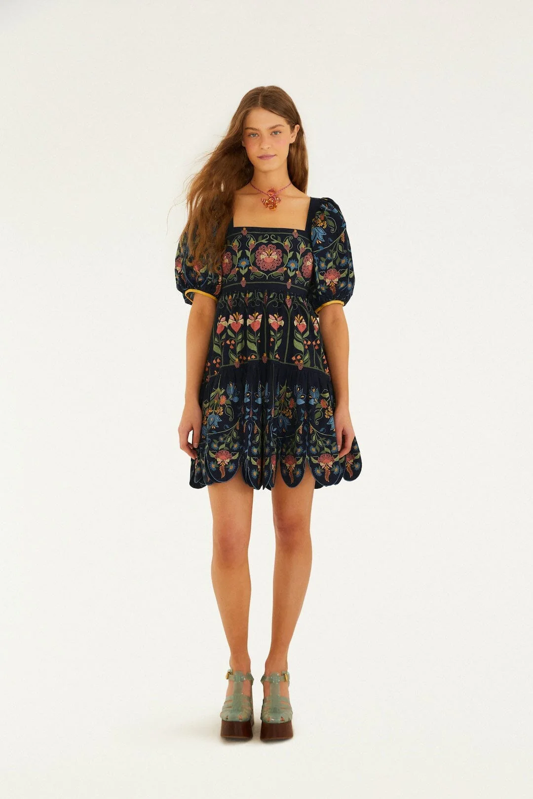 Navy Blue Stitched Garden Organic Cotton Mini Dress