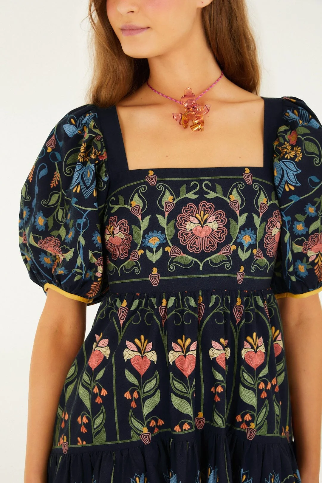 Navy Blue Stitched Garden Organic Cotton Mini Dress - Image 2