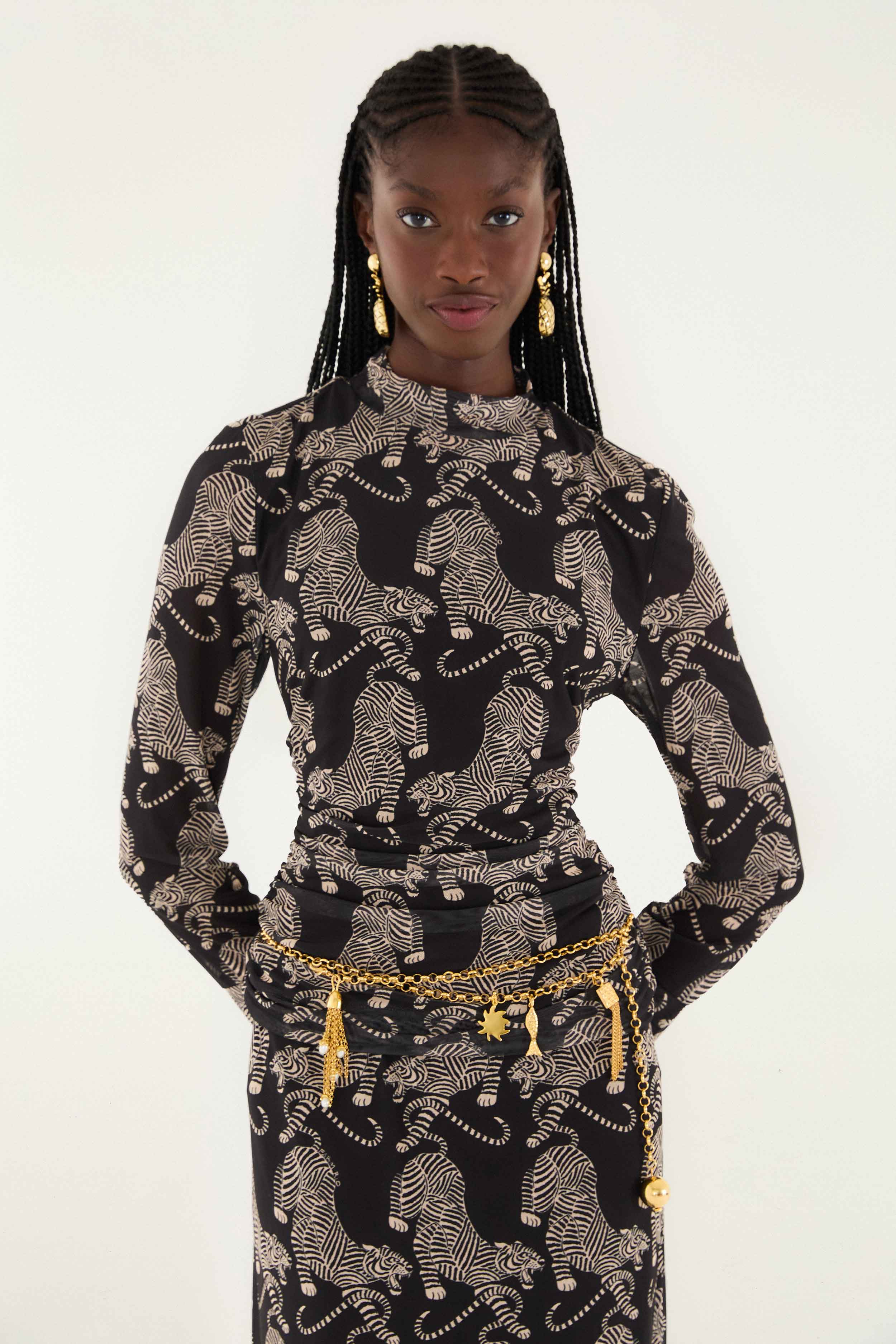 Black Striped Tigers Long Sleeve Tulle Blouse - Image 2