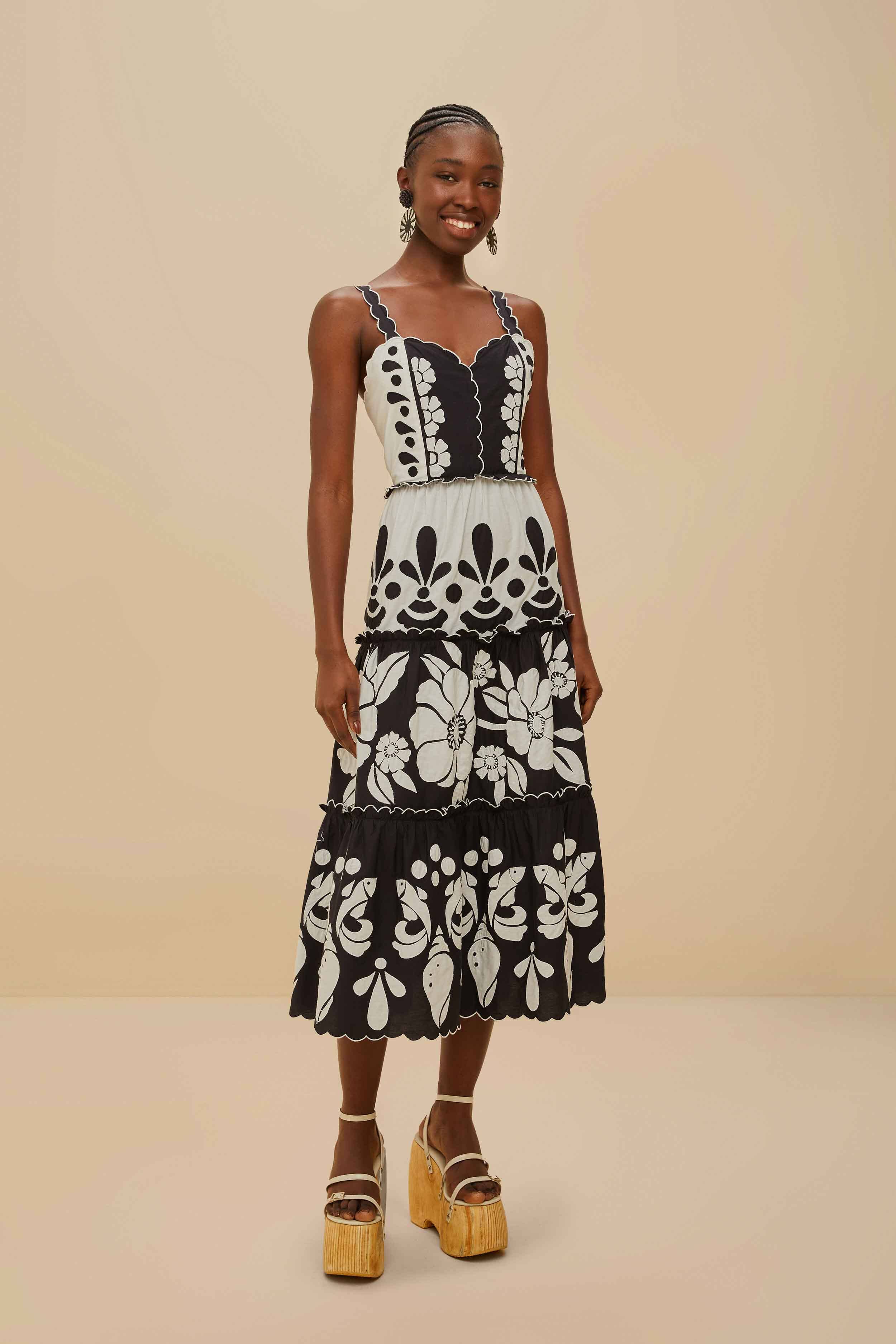 Black And White Summer Cutwork Organic Cotton Midi Dress