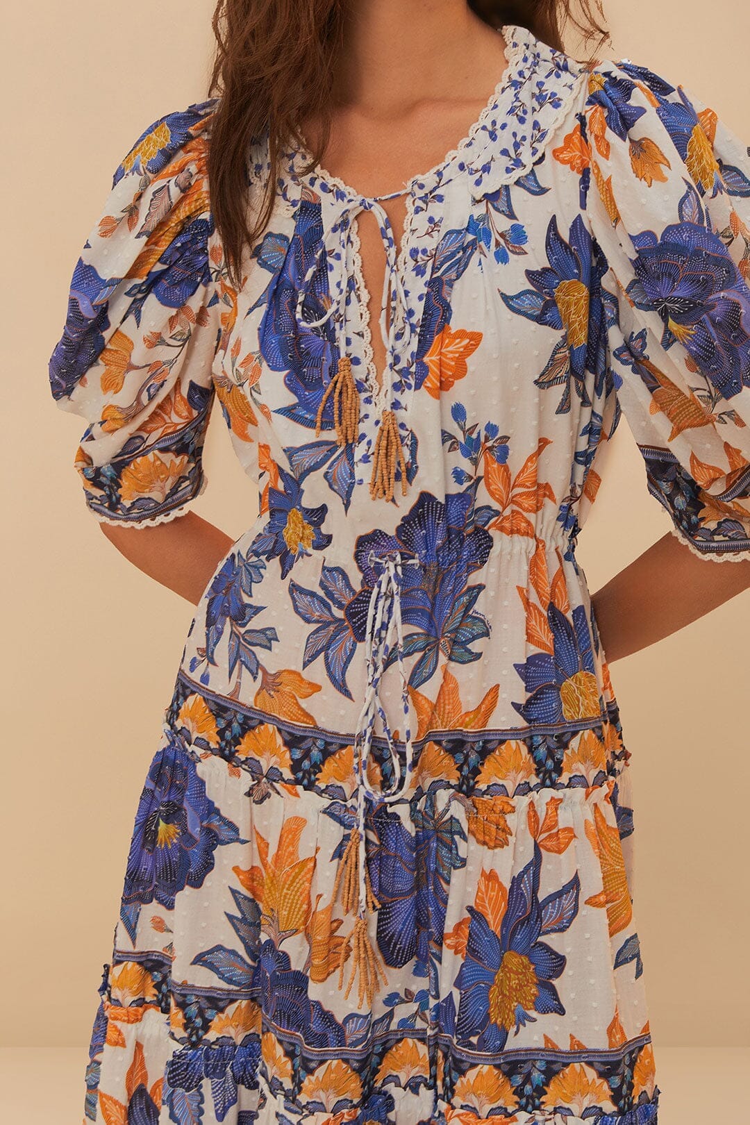 Off-White Summer Flowers Beaded Tassels Maxi Dress - Image 3