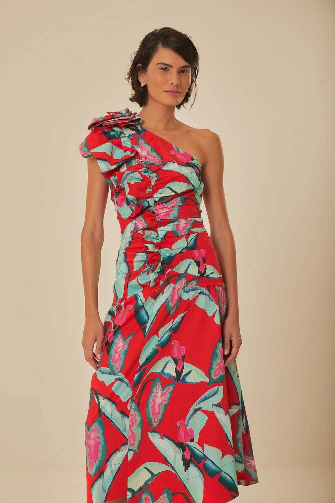 Red Summer Foliage One Shoulder Maxi Dress - Image 3