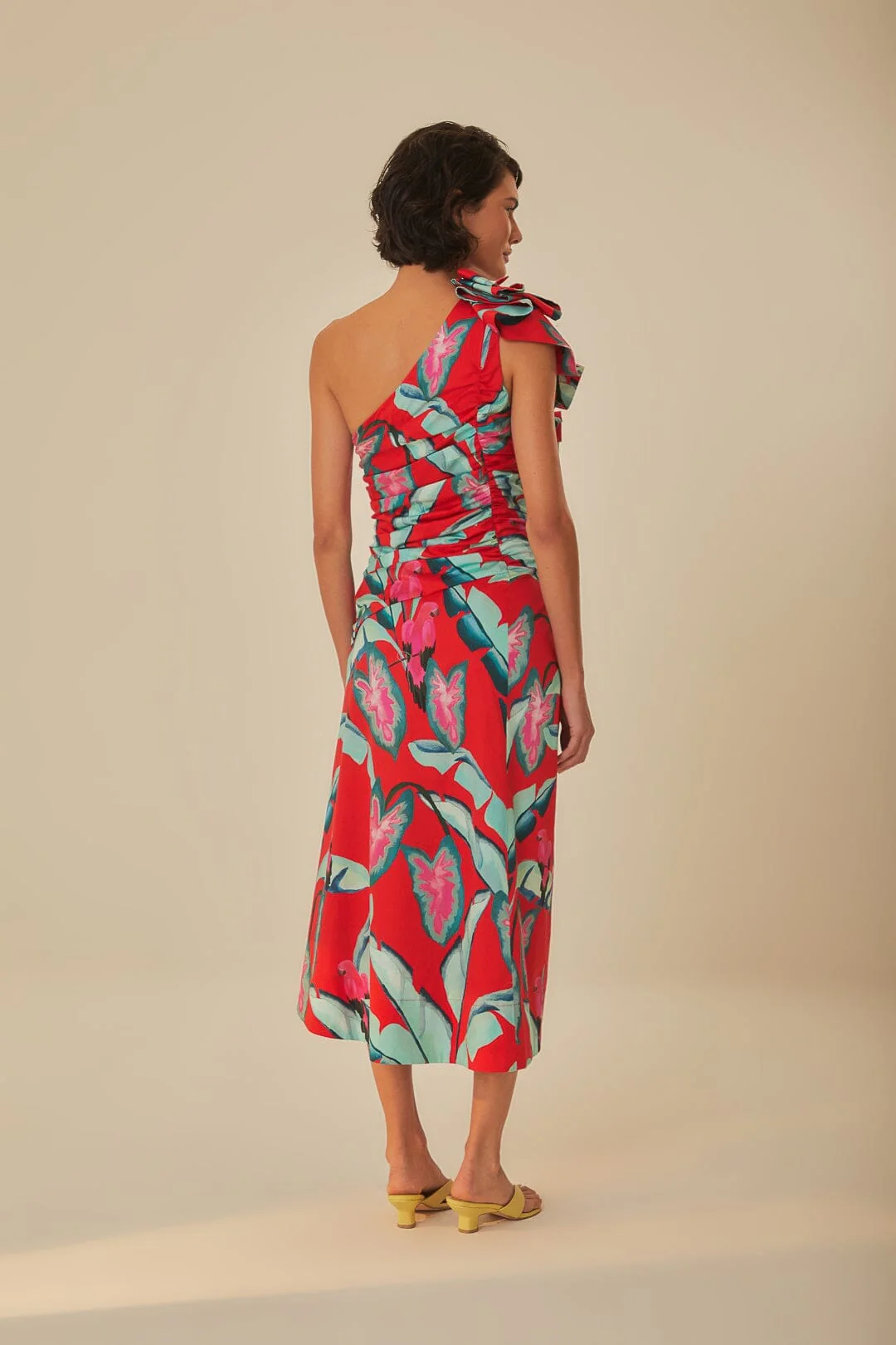 Red Summer Foliage One Shoulder Maxi Dress - Image 4