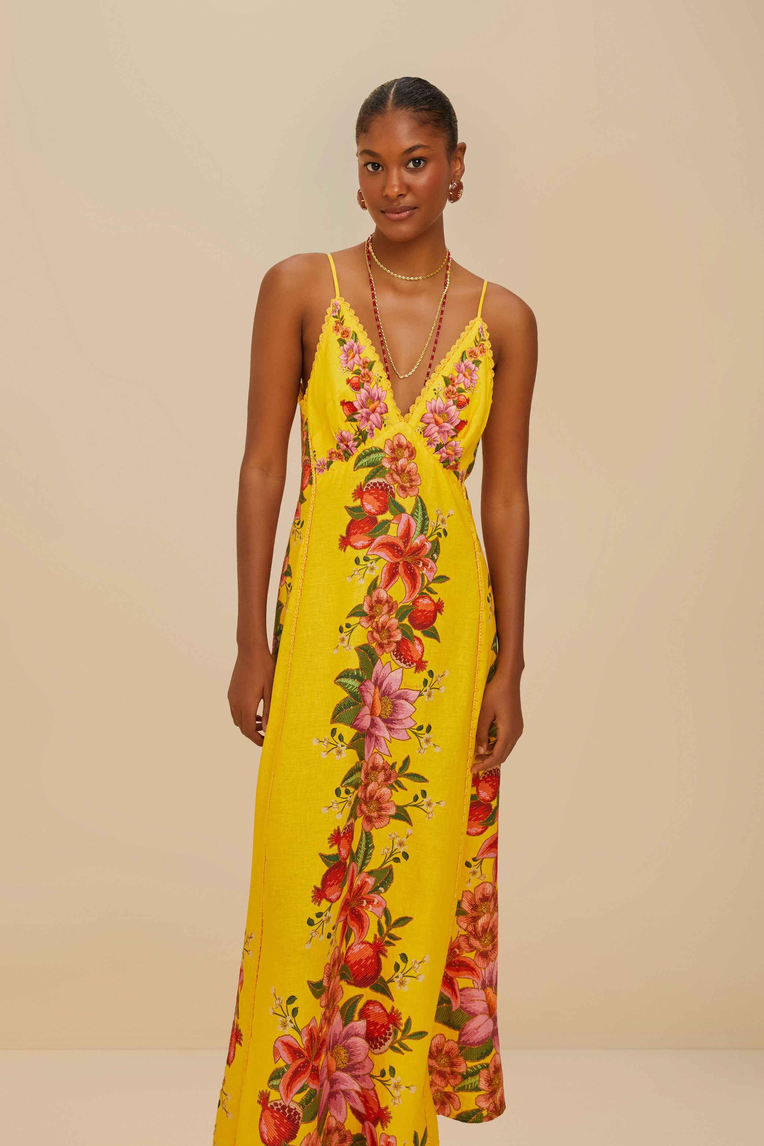 Yellow Summer Fruit Scarf LENZING™ ECOVERO™ Euroflax™ Maxi Dress - Image 3