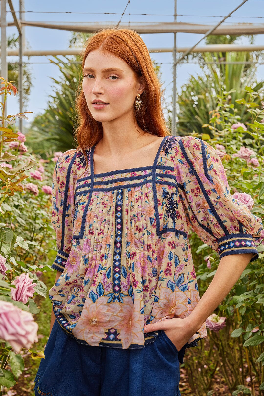SUPERBLOOM TAPESTRY CREAM SQUARE NECKLINE BLOUSE