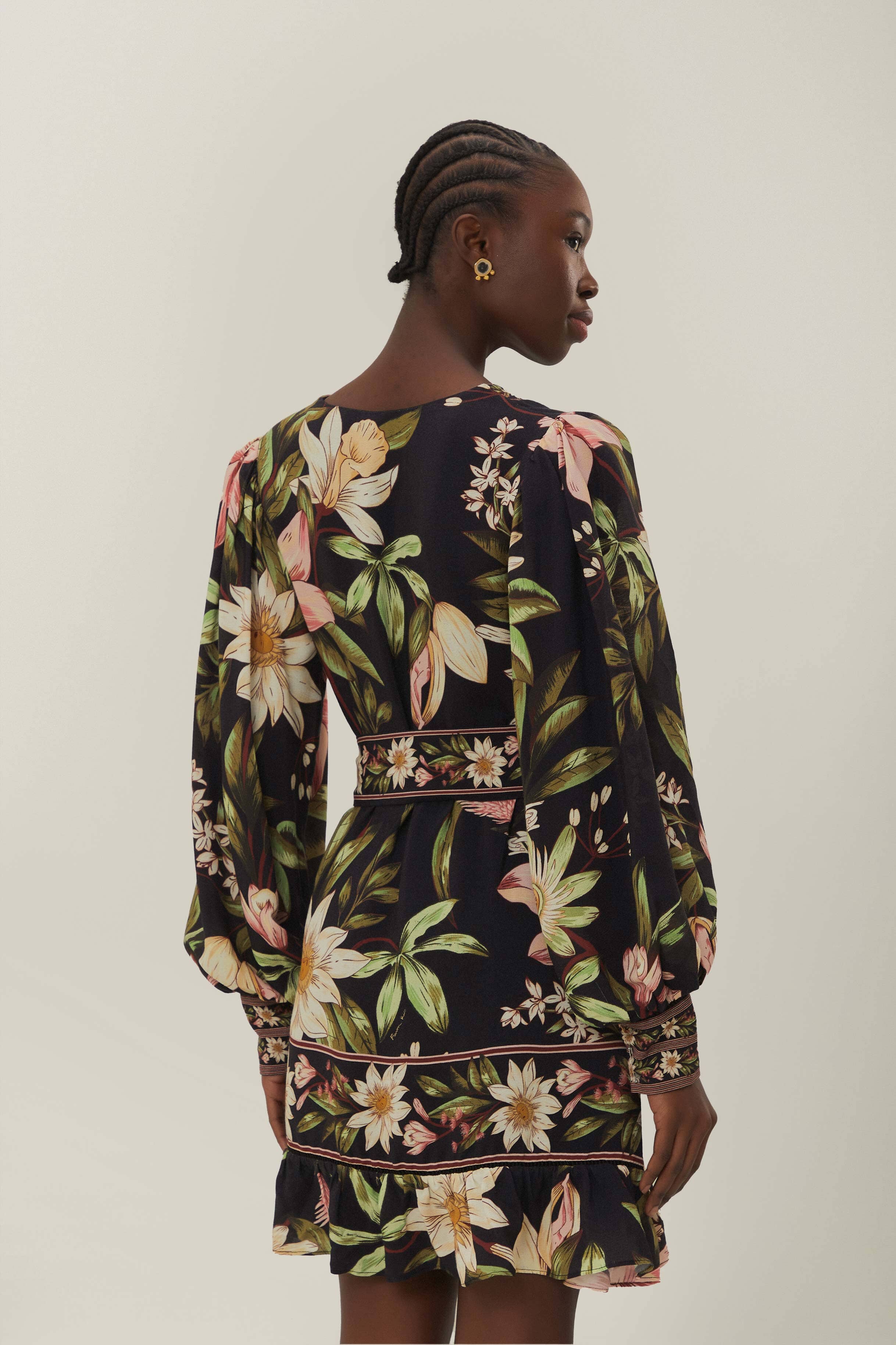 Black Surreal Flowers Long Sleeve Mini Dress - Image 3