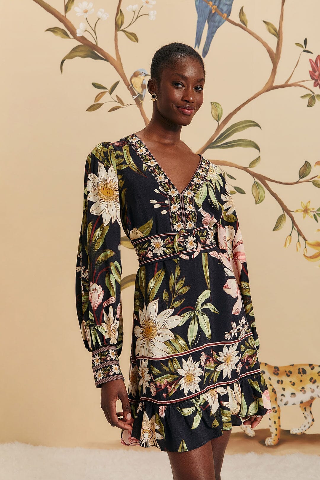 Black Surreal Flowers Long Sleeve Mini Dress - Image 4