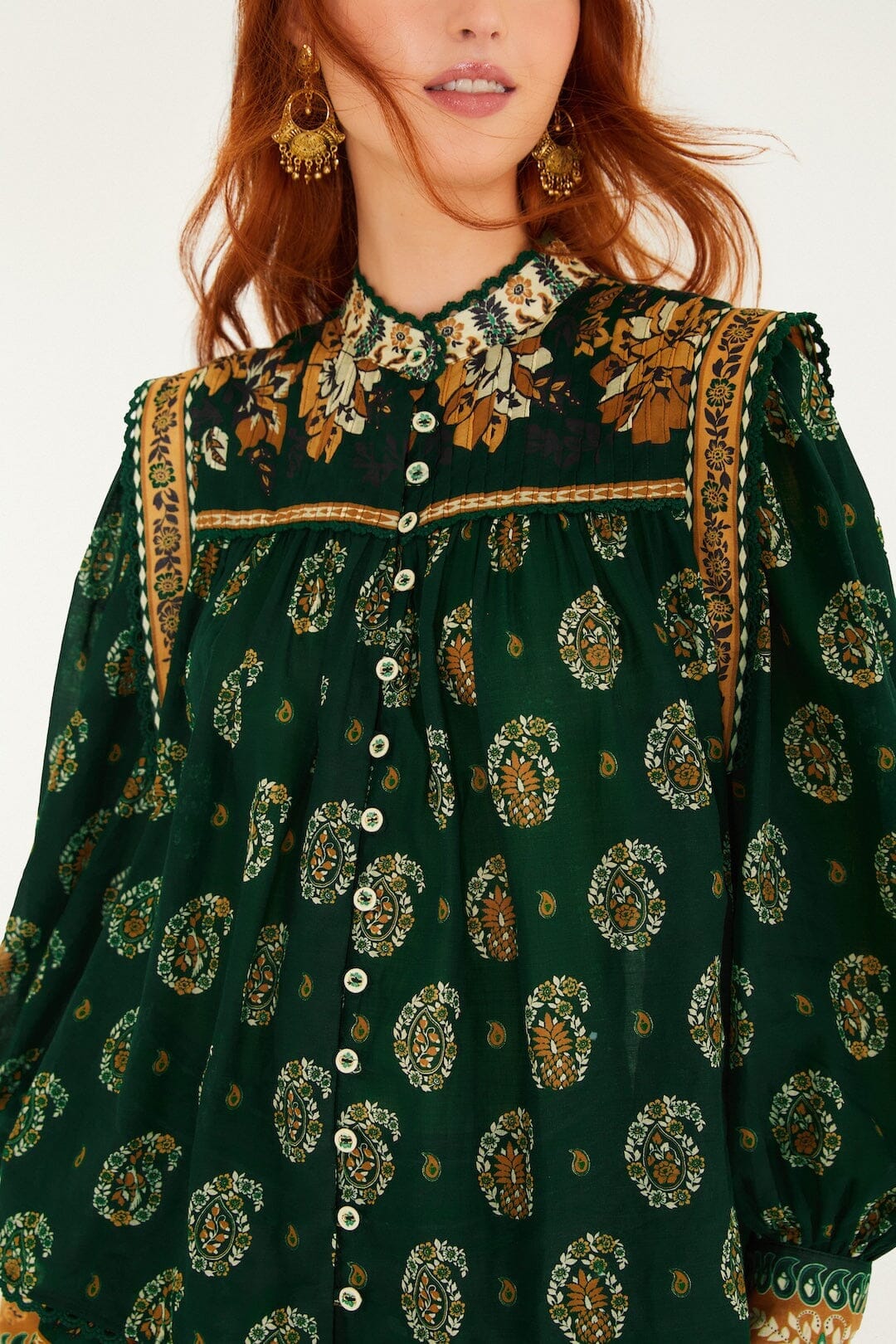 Green Tayla Lace Buttoned Puff Sleeve Blouse - Image 2
