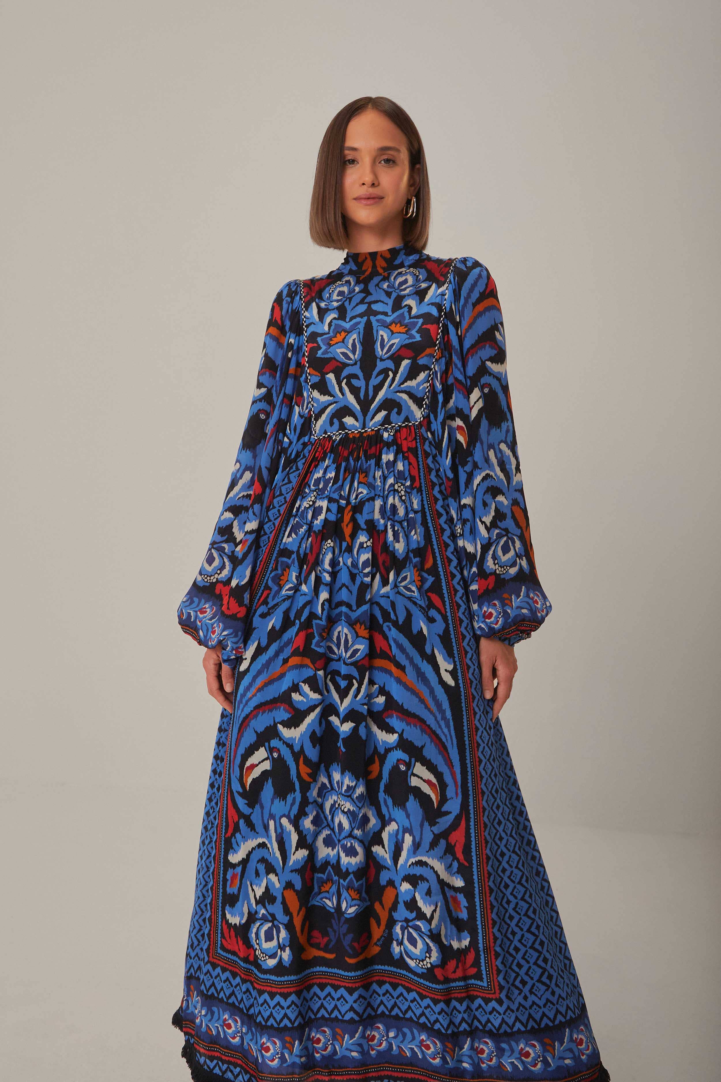 Black Toucans Scarf Long Sleeve Maxi Dress