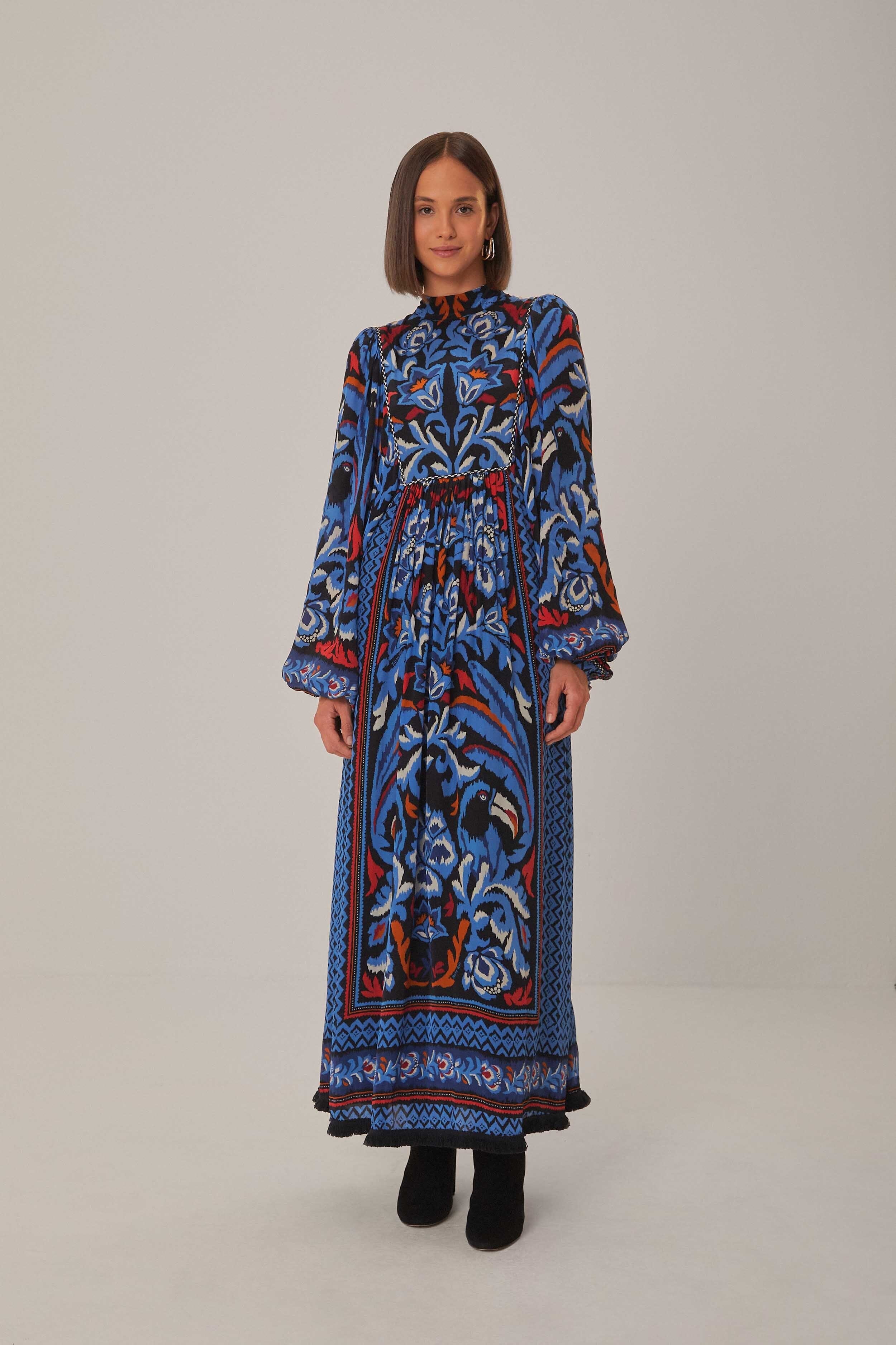 Black Toucans Scarf Long Sleeve Maxi Dress - Image 4