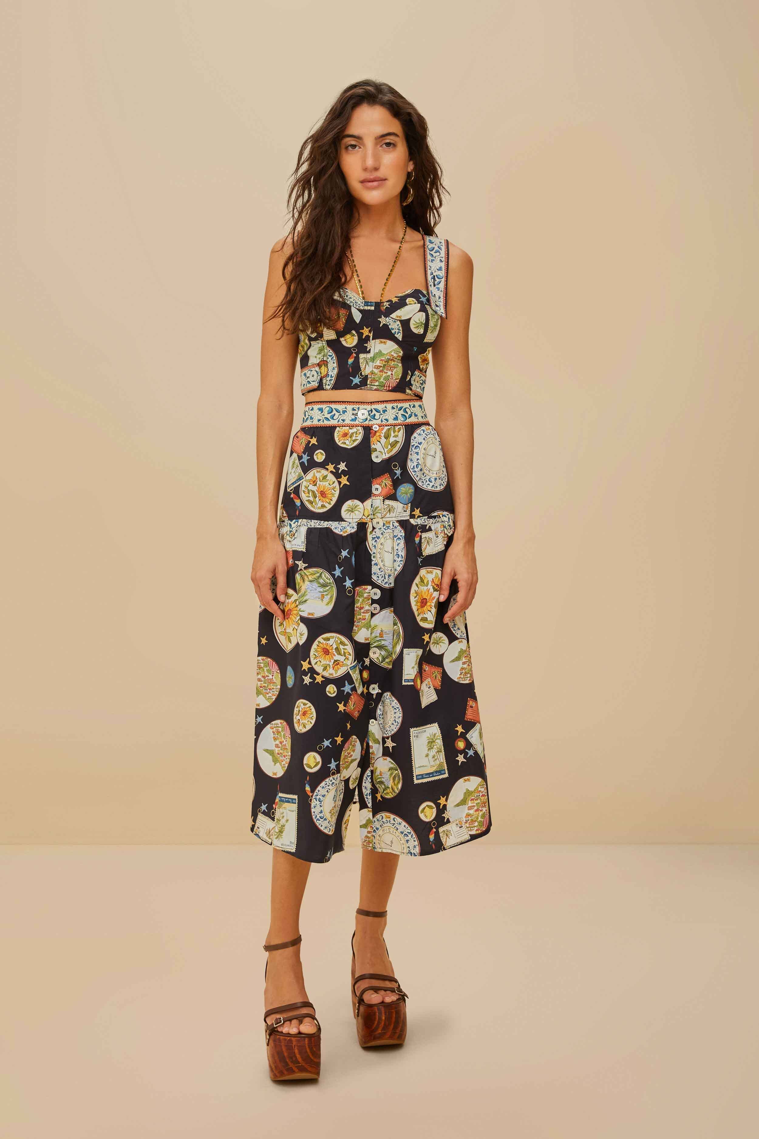 Black Trip Souvenir Organic Cotton Midi Skirt