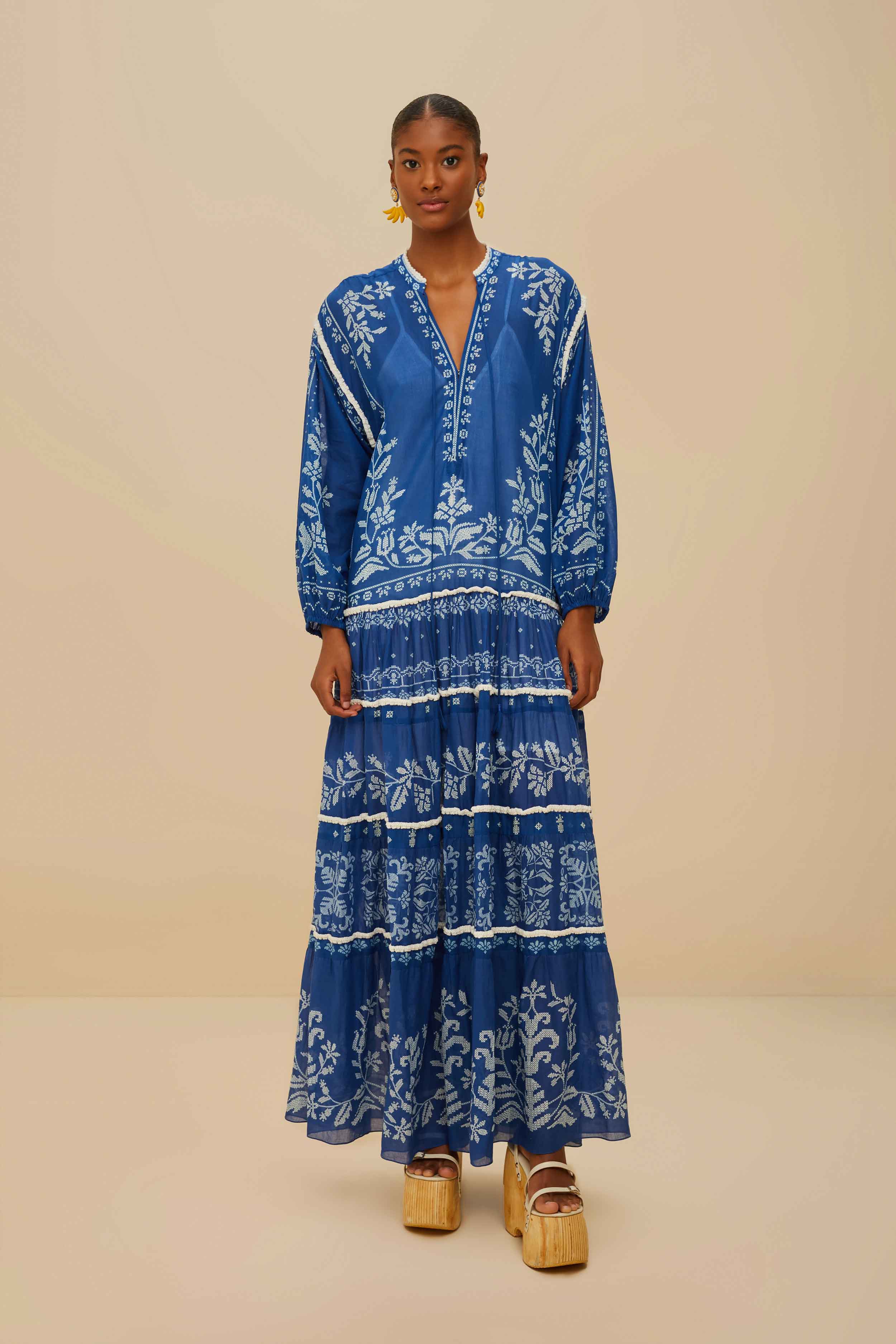 Blue Tropical Cross Stitch Tiered Maxi Dress