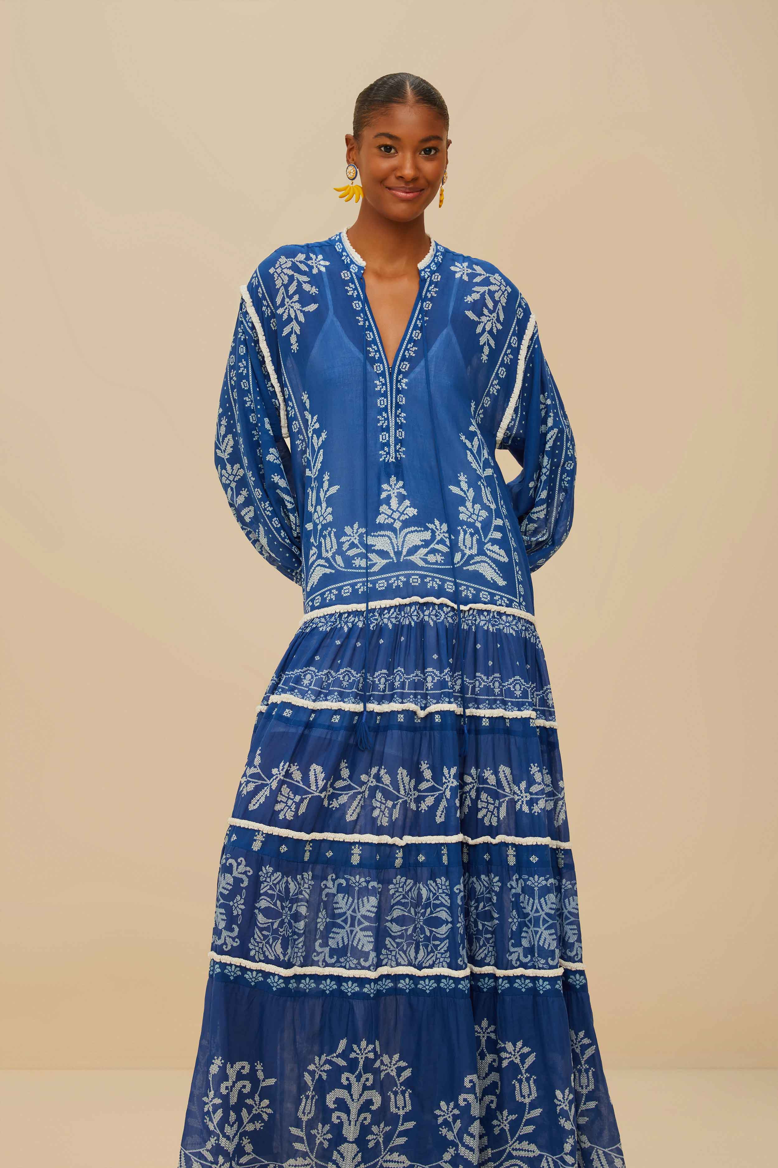 Blue Tropical Cross Stitch Tiered Maxi Dress - Image 2