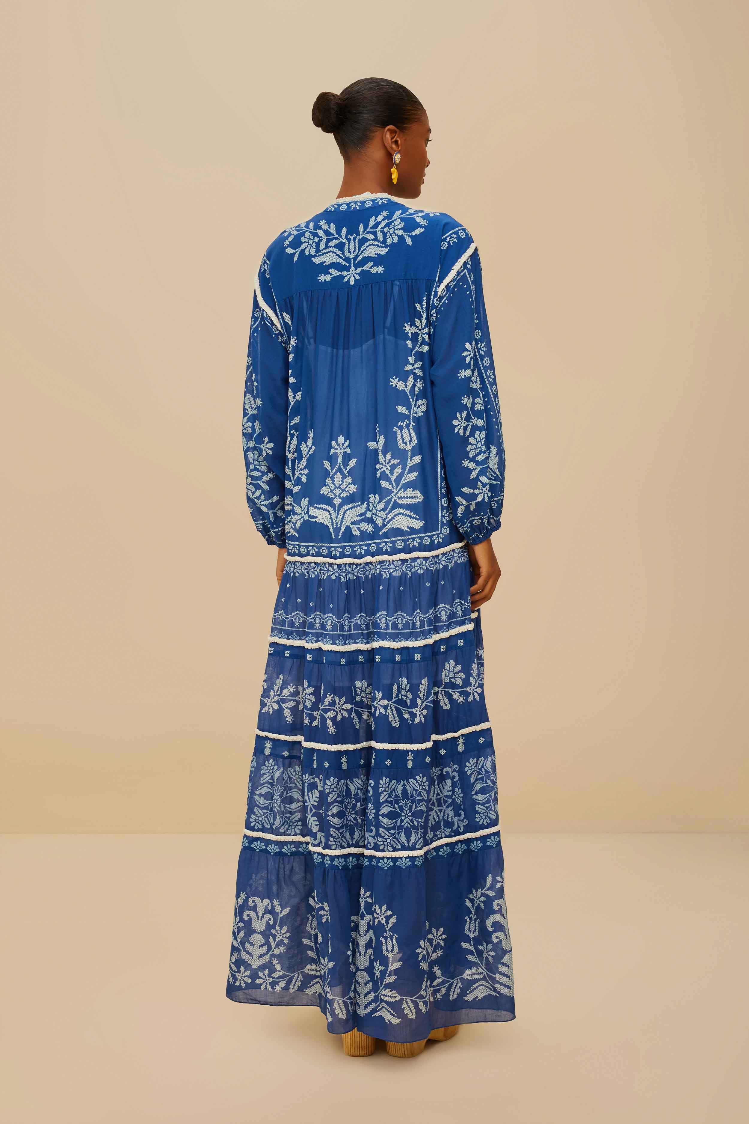 Blue Tropical Cross Stitch Tiered Maxi Dress - Image 3