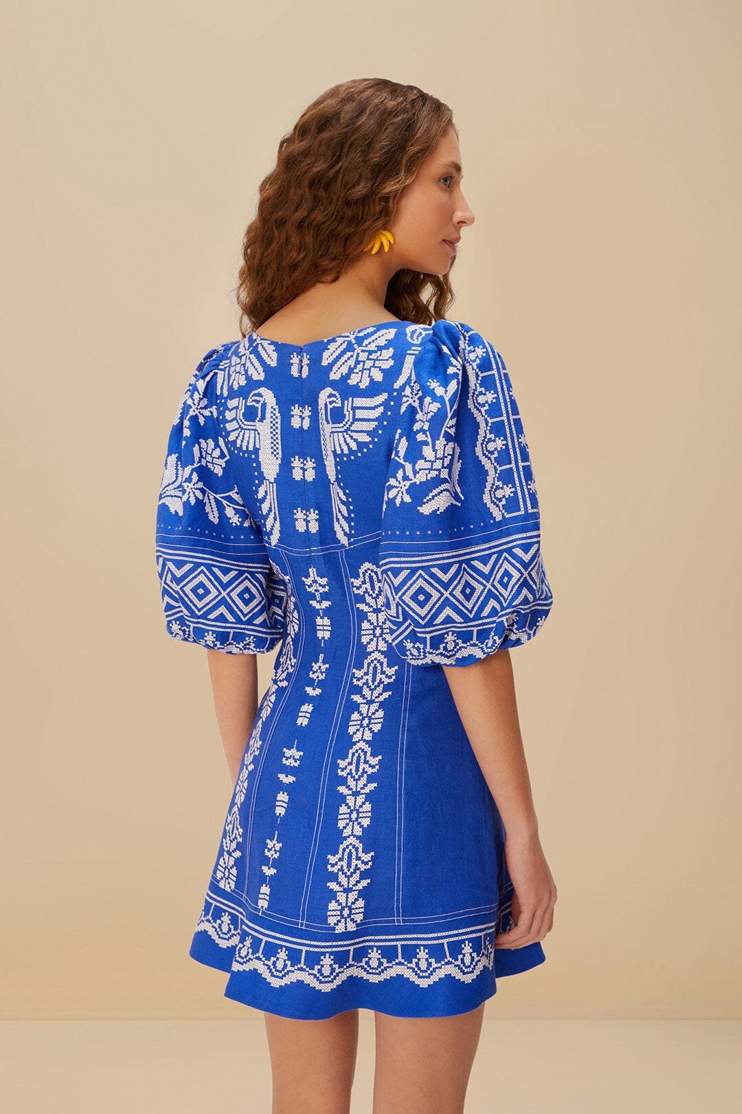 Blue Tropical Cross Stitch Euroflax™ Premium Linen Mini Dress - Image 3