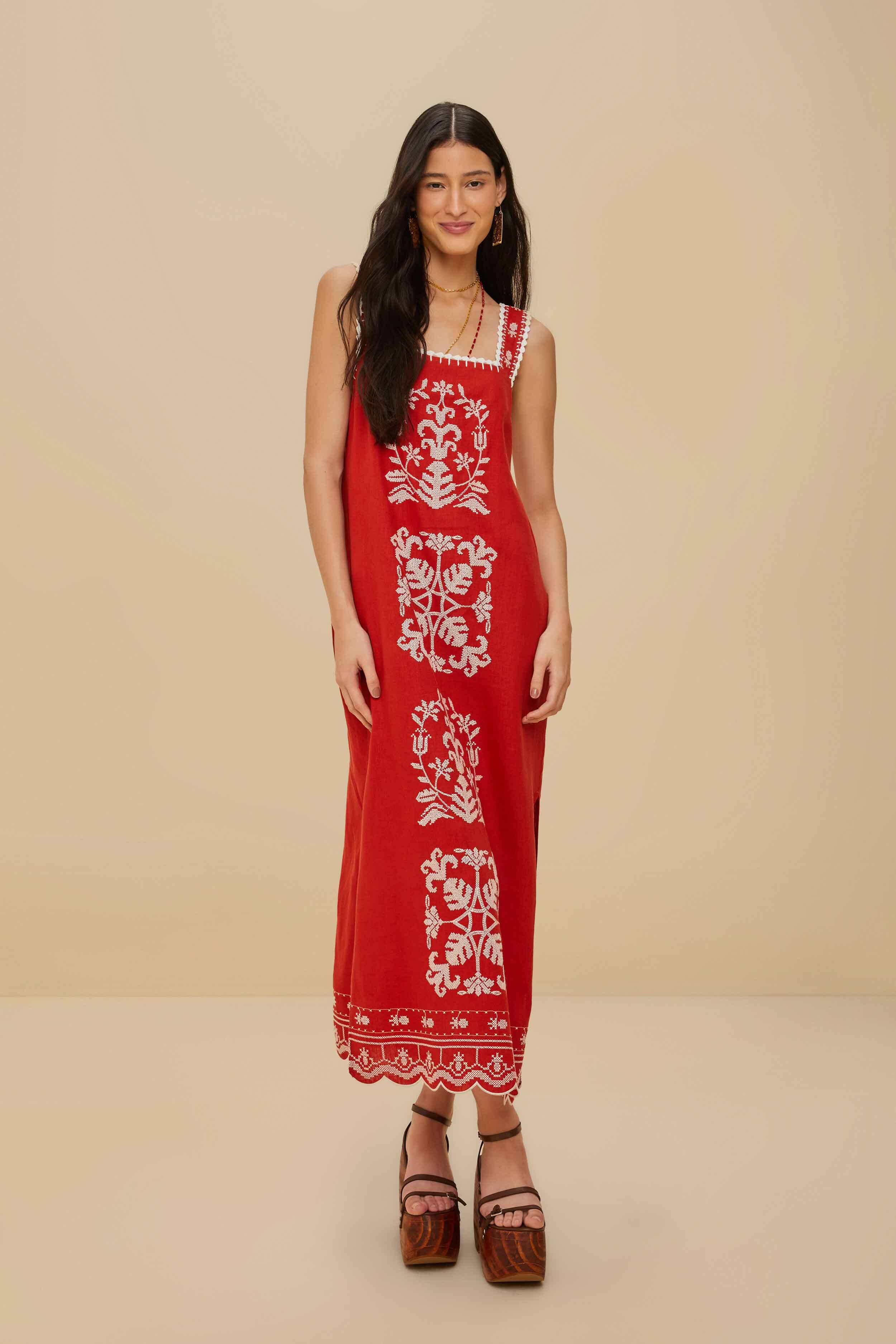Red Tropical Cross Stitch Embroidered Euroflax™ Premium Linen Midi Dress
