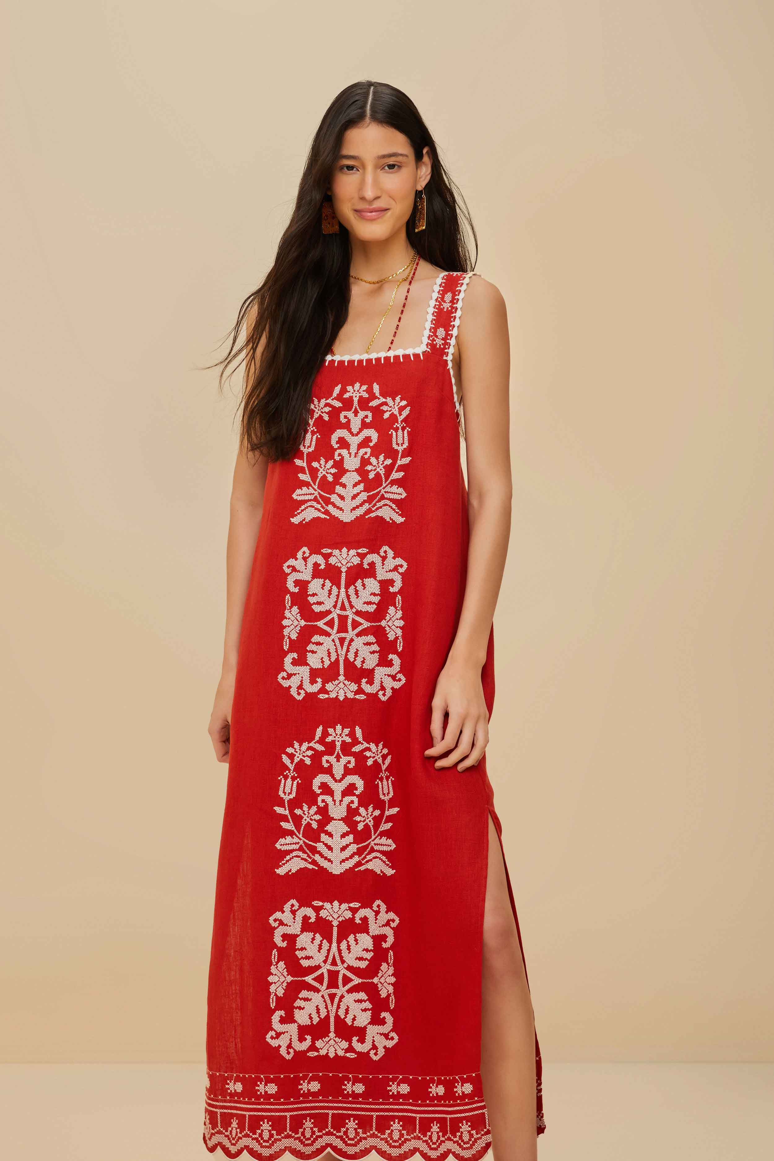 Red Tropical Cross Stitch Embroidered Euroflax™ Premium Linen Midi Dress - Image 2