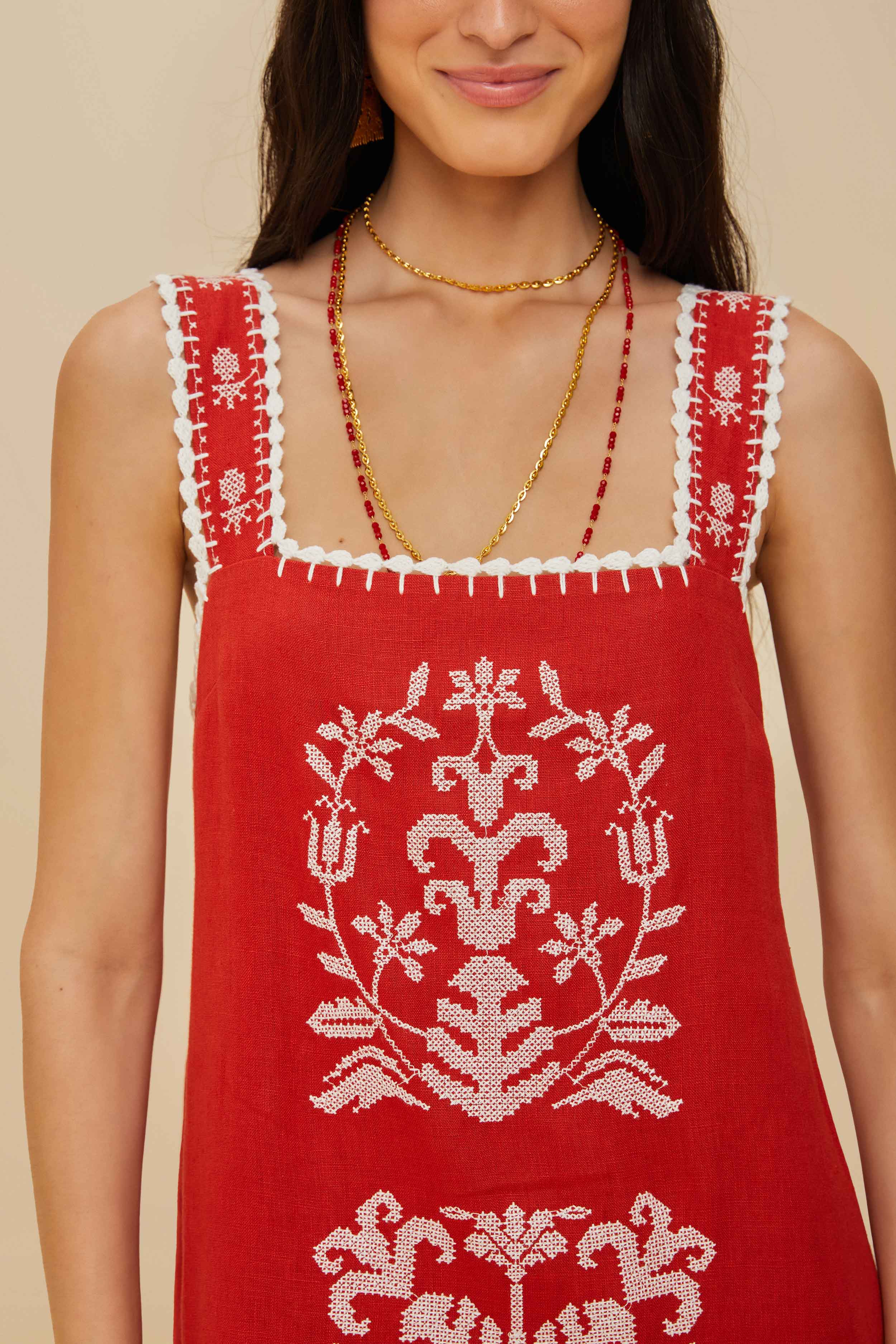 Red Tropical Cross Stitch Embroidered Euroflax™ Premium Linen Midi Dress - Image 3