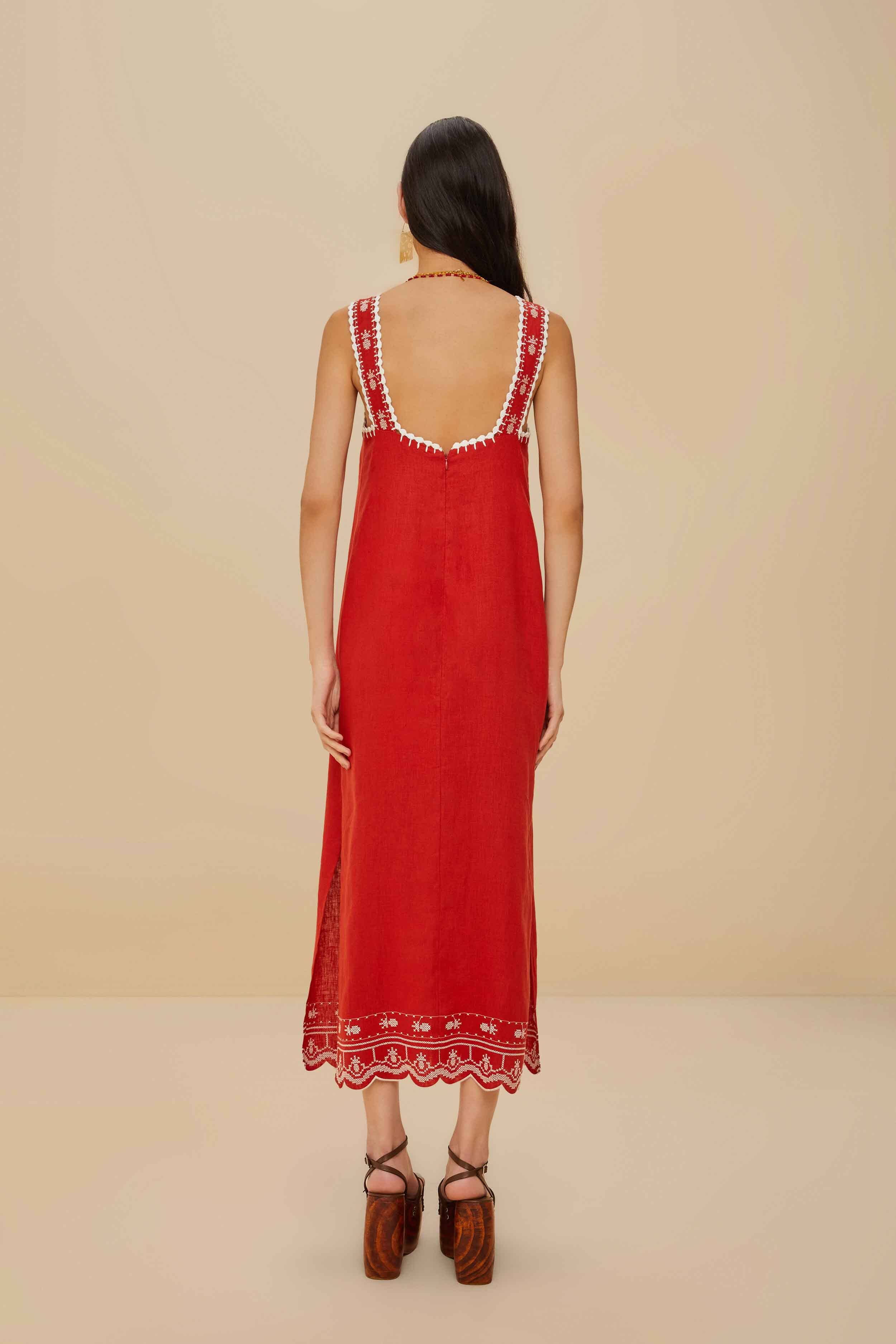 Red Tropical Cross Stitch Embroidered Euroflax™ Premium Linen Midi Dress - Image 4